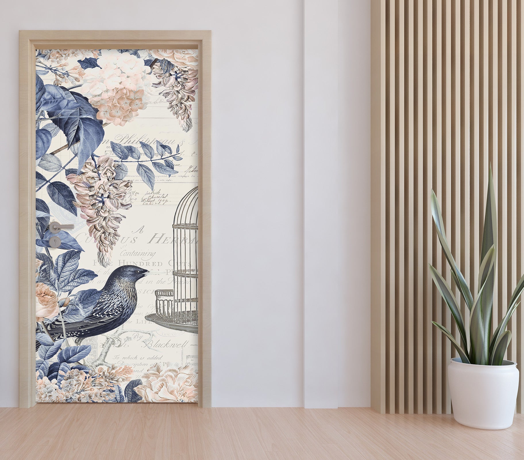 3D Blue Leaves Bird Flower 11890 Andrea Haase Door Mural