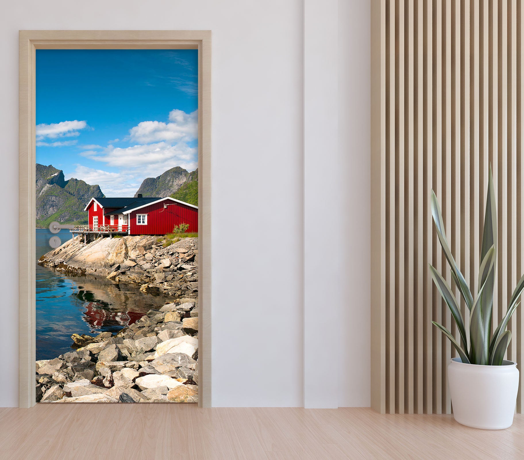 3D Lake Stone Red Hut 10661 Assaf Frank Door Mural