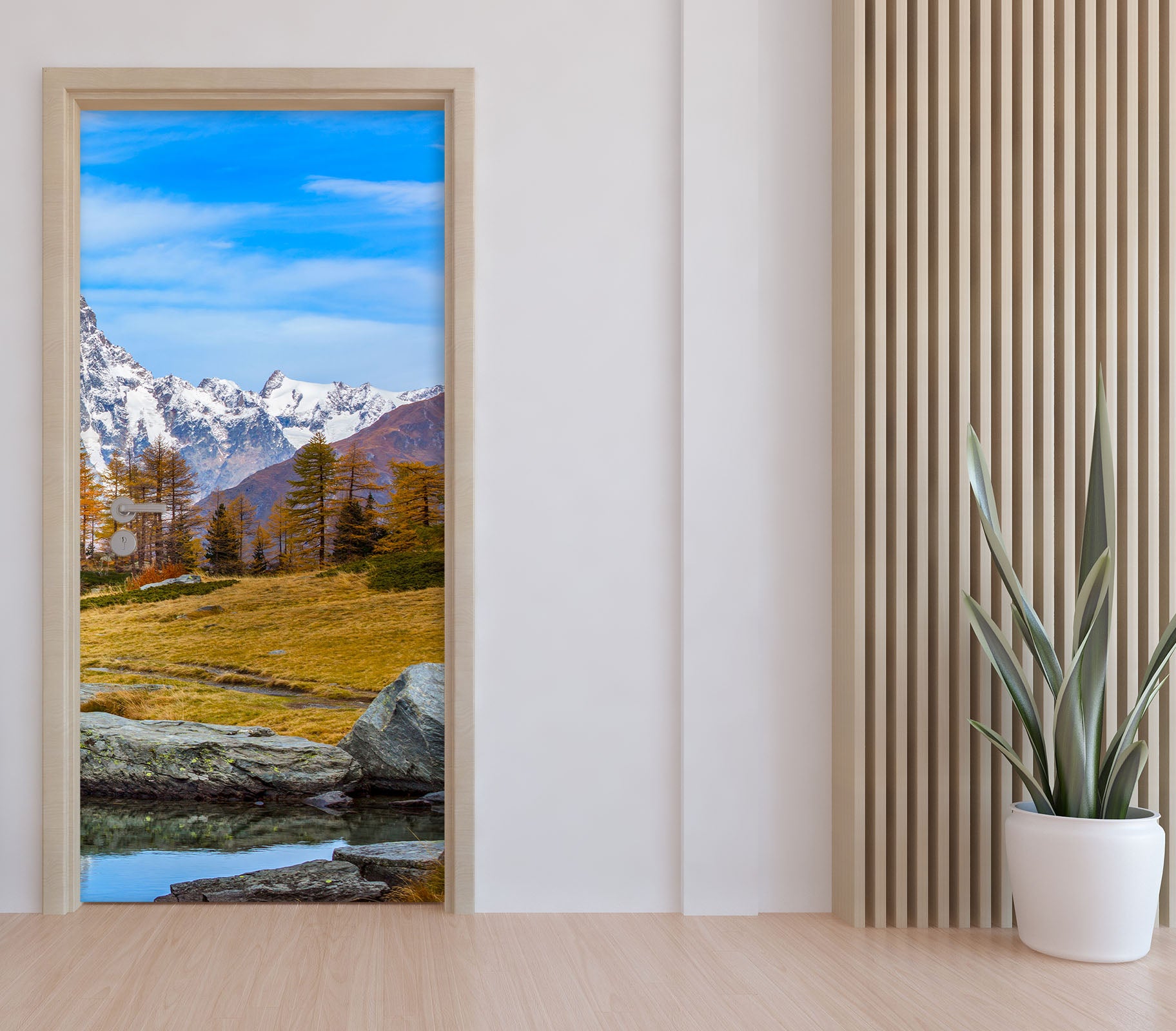 3D Lakeside Trees Meadow Mountain 12002 Marco Carmassi Door Mural