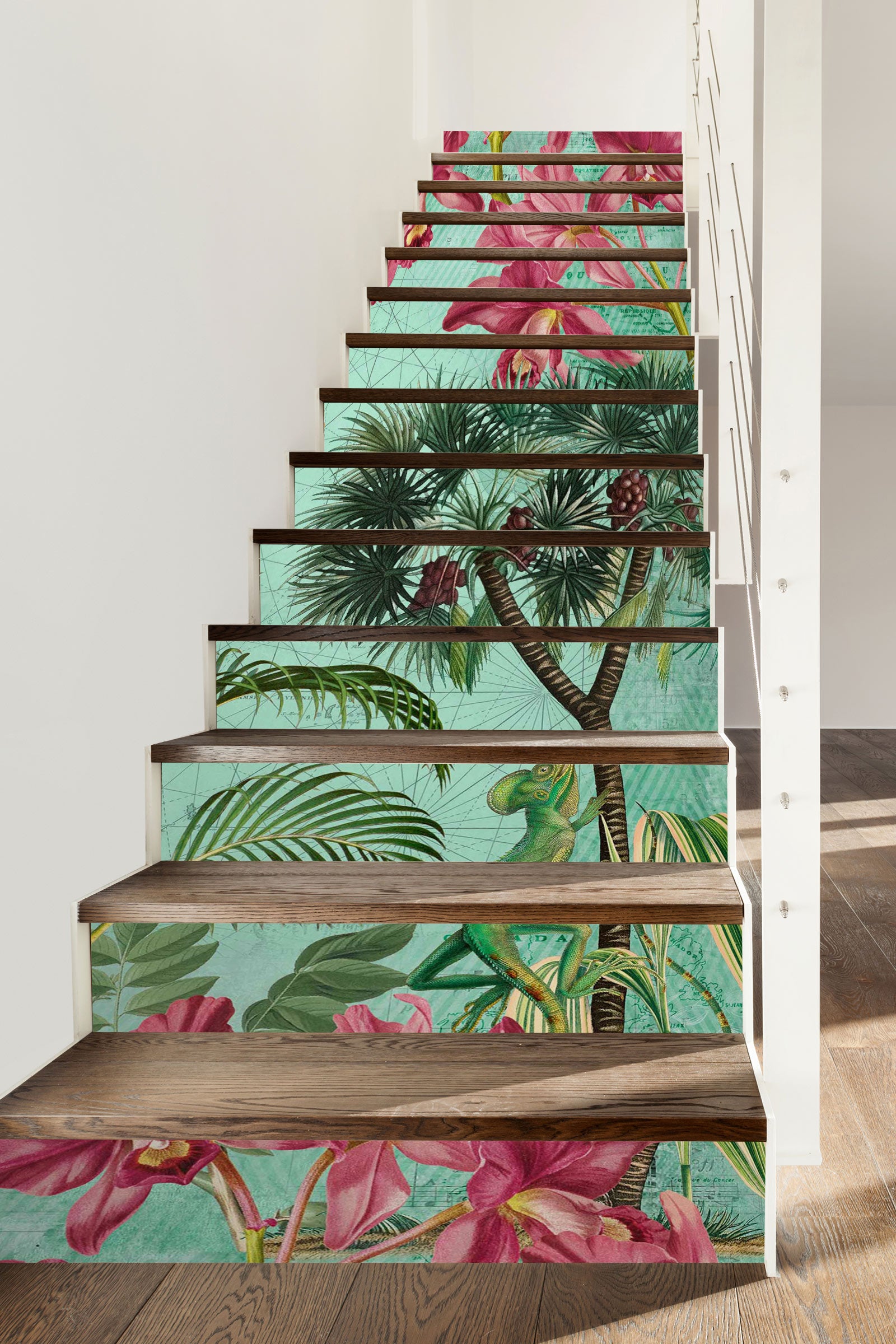 3D Green Leaves Pink Flowers 104116 Andrea Haase Stair Risers