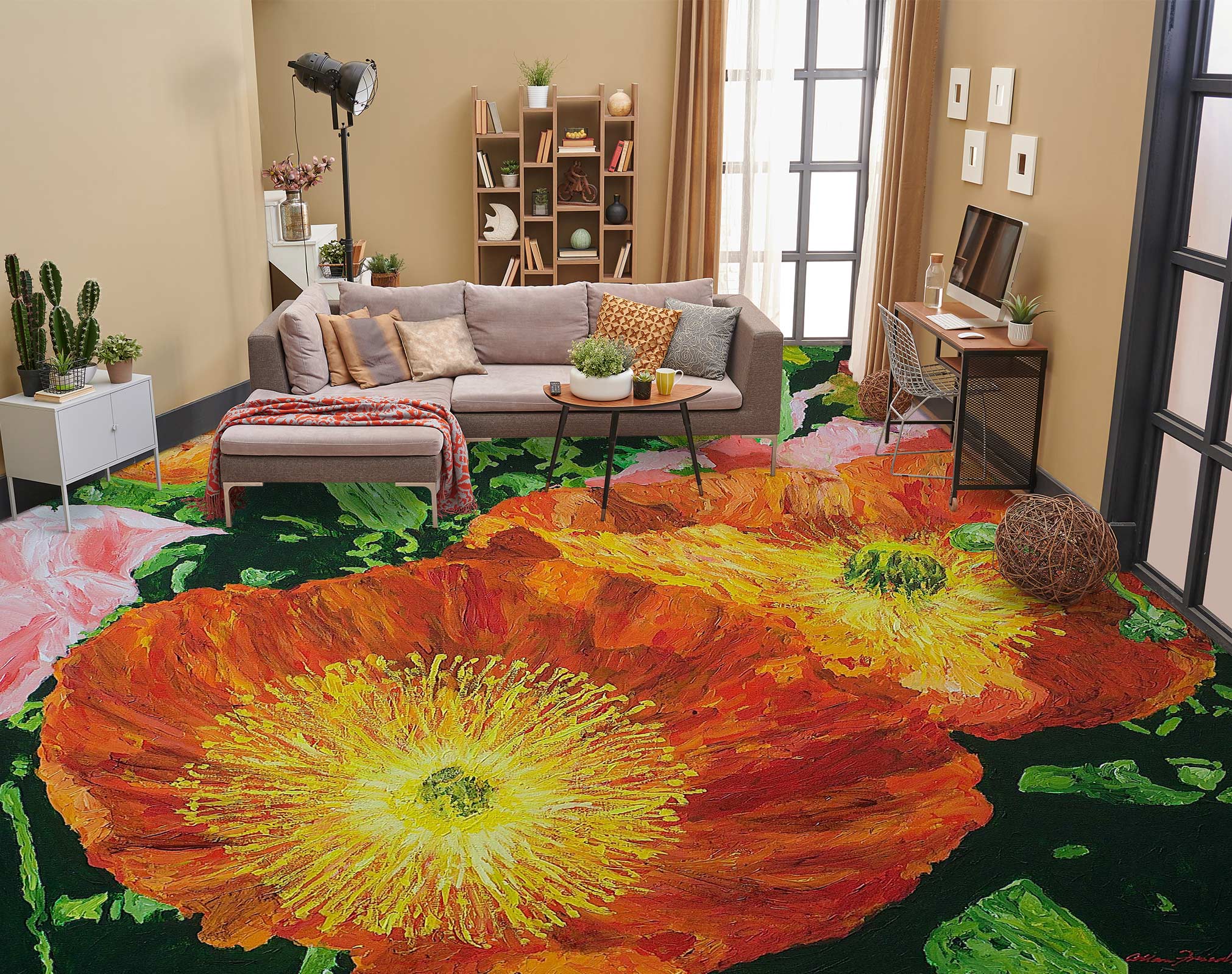 3D Red Flower Yellow Core 9570 Allan P. Friedlander Floor Mural  Wallpaper Murals Self-Adhesive Removable Print Epoxy