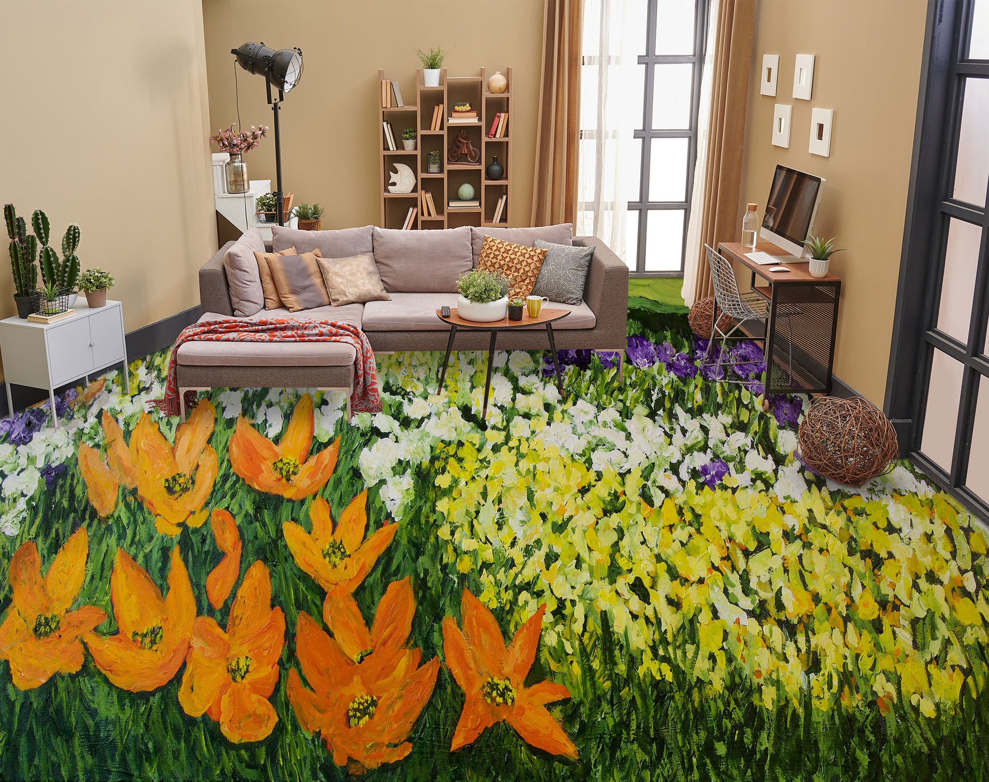 3D Yellow Orange Flowers 9644 Allan P. Friedlander Floor Mural  Wallpaper Murals Self-Adhesive Removable Print Epoxy