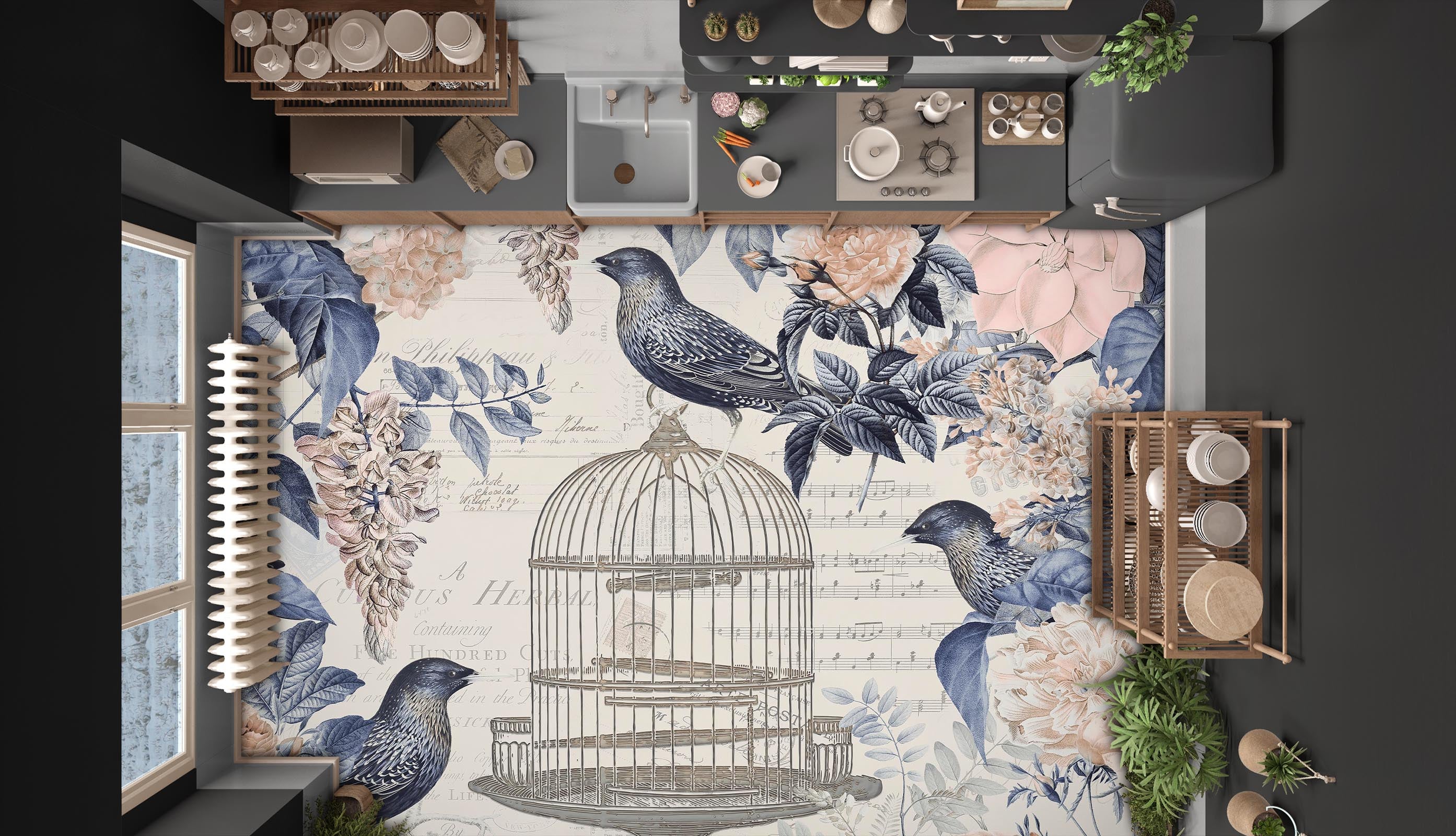 3D Birdcage Flowers 140135 Andrea Haase Floor Mural  Wallpaper Murals Self-Adhesive Removable Print Epoxy