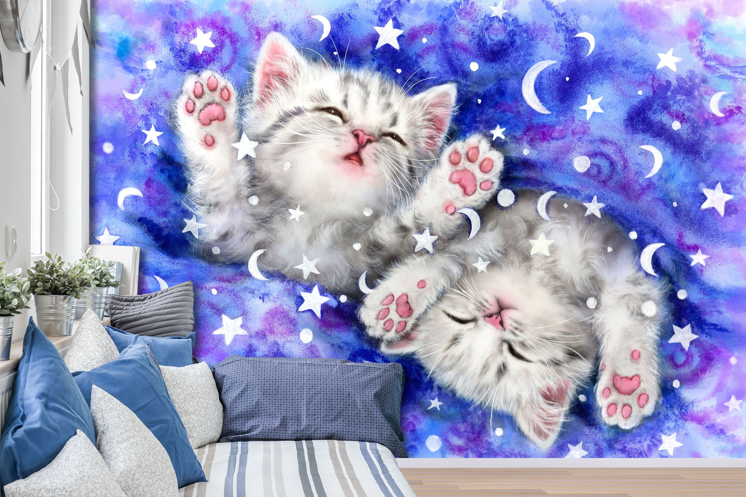 3D Moon Star Cat 5551 Kayomi Harai Wall Mural Wall Murals