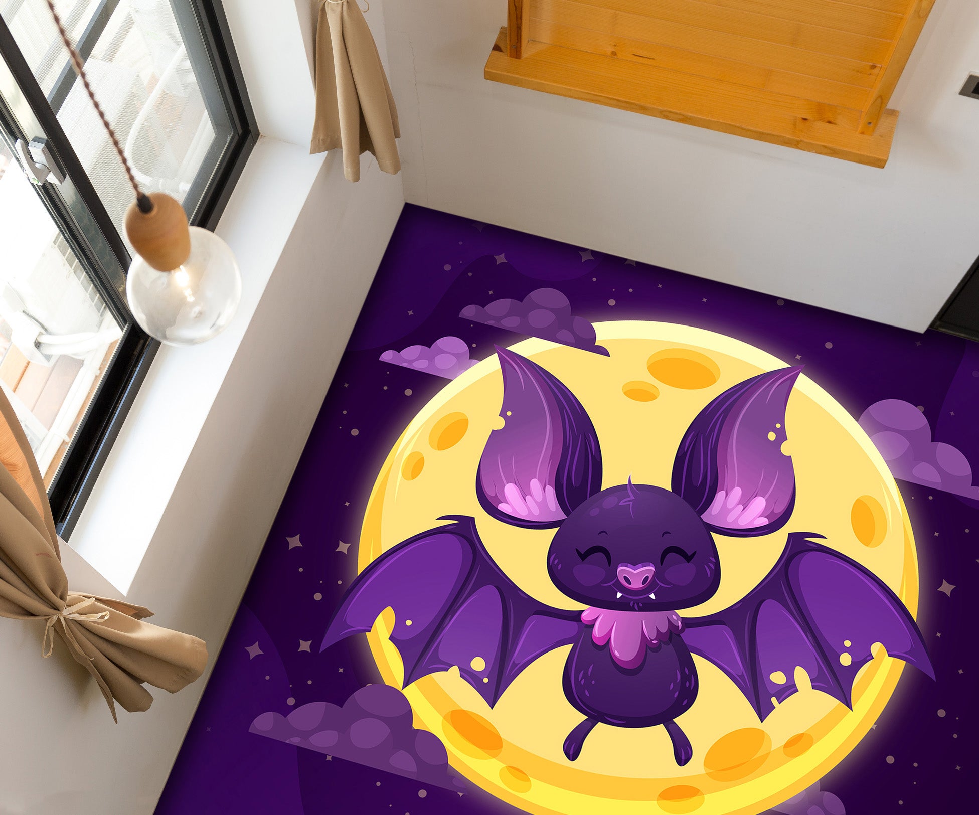 3D Moon Bat 001 Floor Mural  Self-Adhesive Sticker Bathroom Non-slip Waterproof Flooring Murals