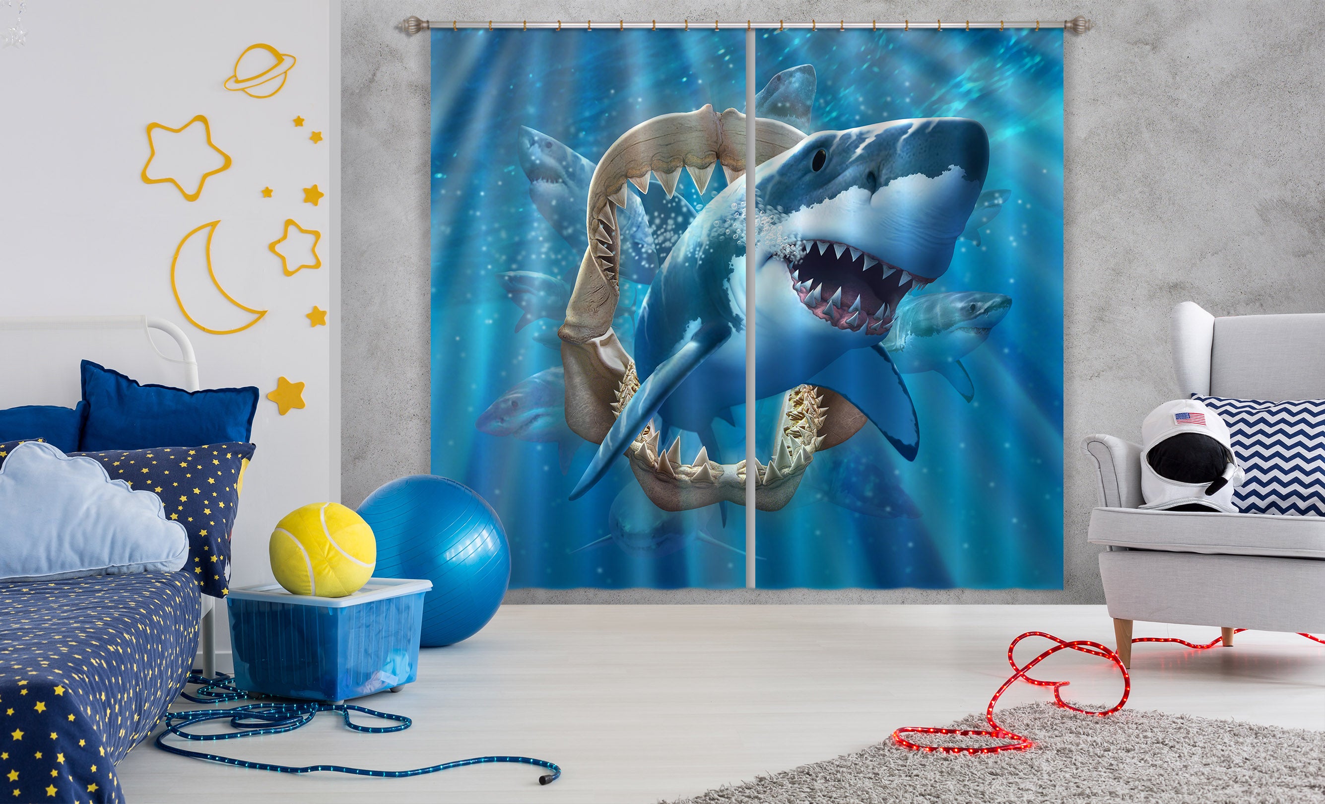 3D Great White Shark 065 Jerry LoFaro Curtain Curtains Drapes