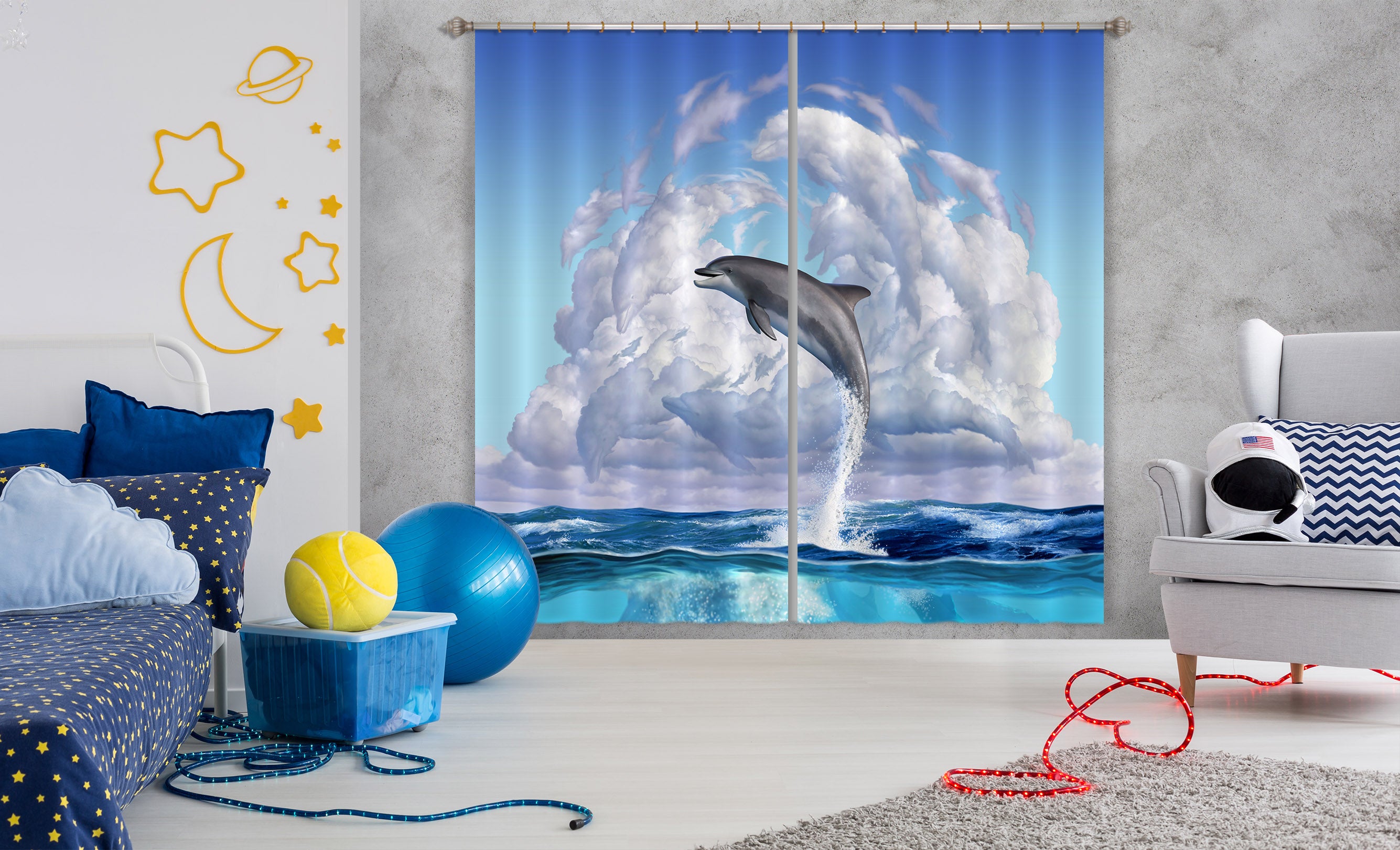 3D Dolphin Play 061 Jerry LoFaro Curtain Curtains Drapes