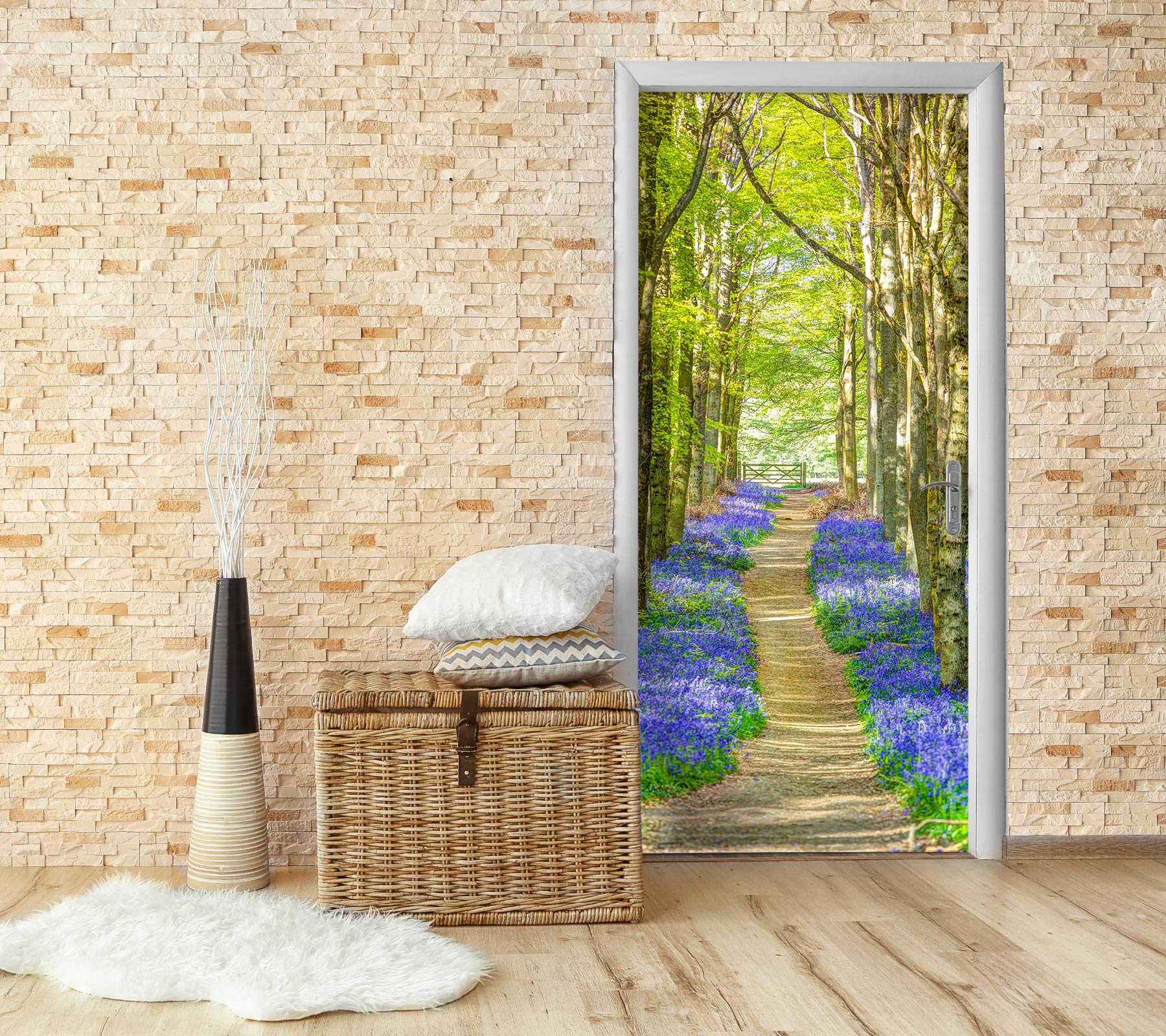 3D Woods Path Blue Flowers 10634 Assaf Frank Door Mural