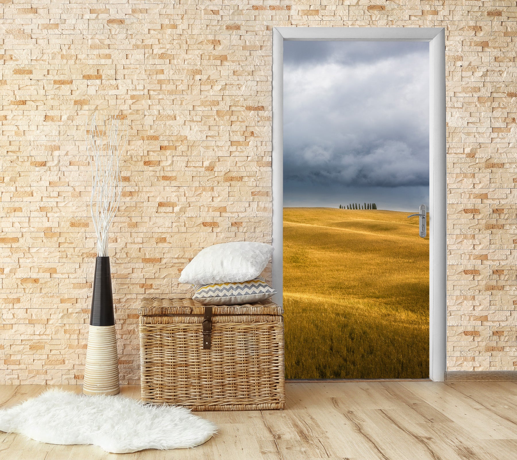 3D Golden Grass Clouds 11584 Marco Carmassi Door Mural