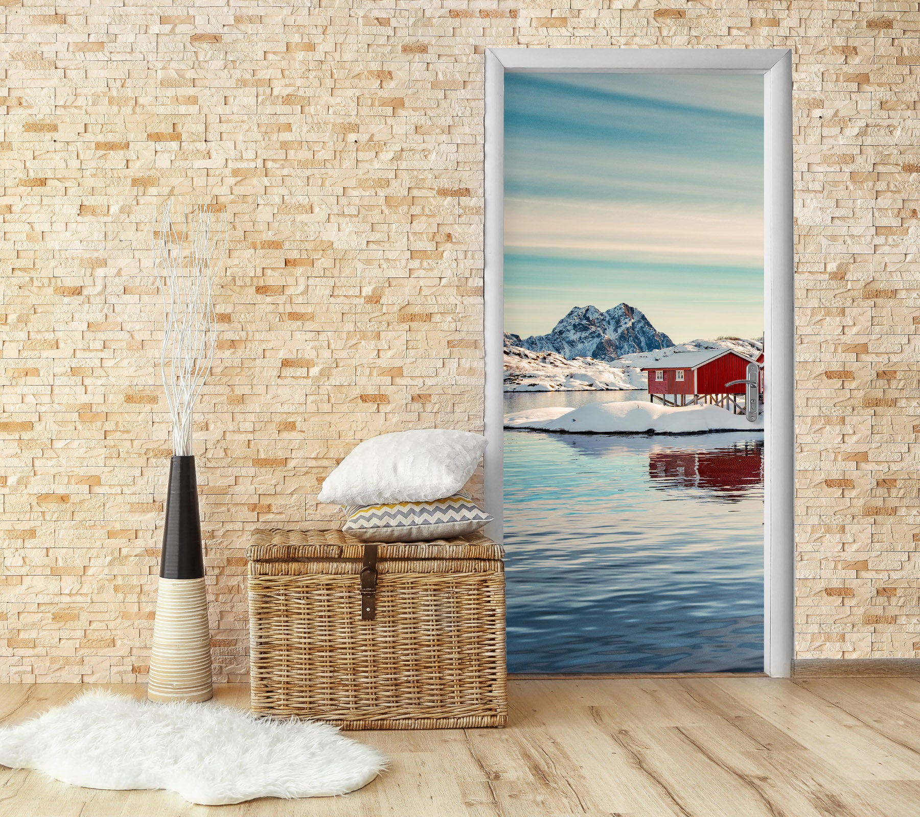 3D Snow Mountain Red Houses 119210 Marco Carmassi Door Mural