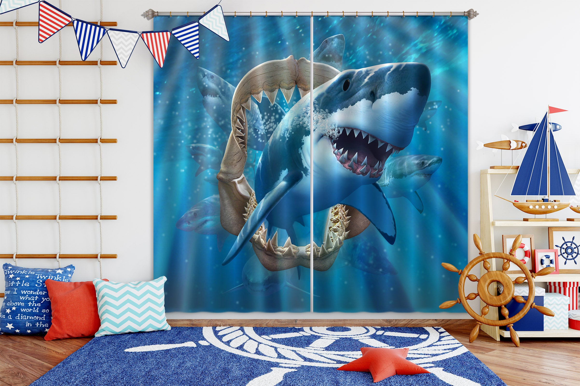 3D Great White Shark 065 Jerry LoFaro Curtain Curtains Drapes