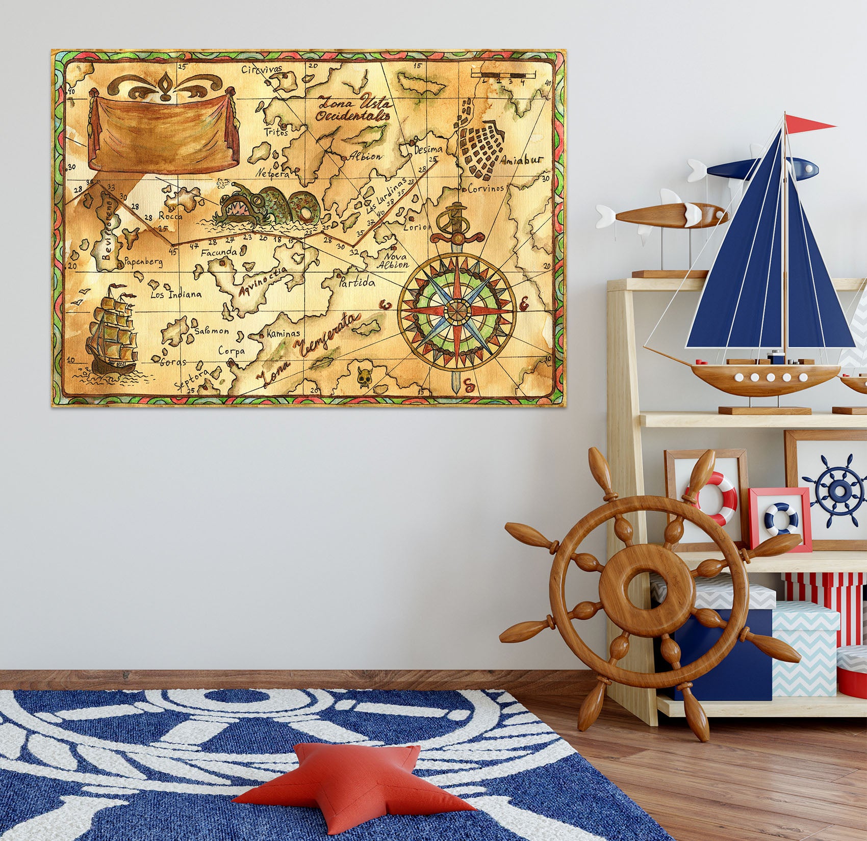 3D Nautical Route 208 World Map Wall Sticker