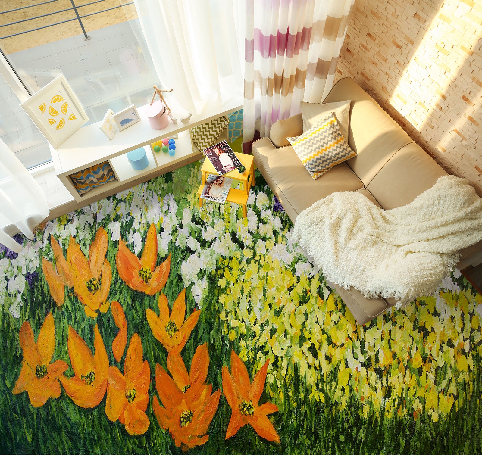 3D Yellow Orange Flowers 9644 Allan P. Friedlander Floor Mural  Wallpaper Murals Self-Adhesive Removable Print Epoxy