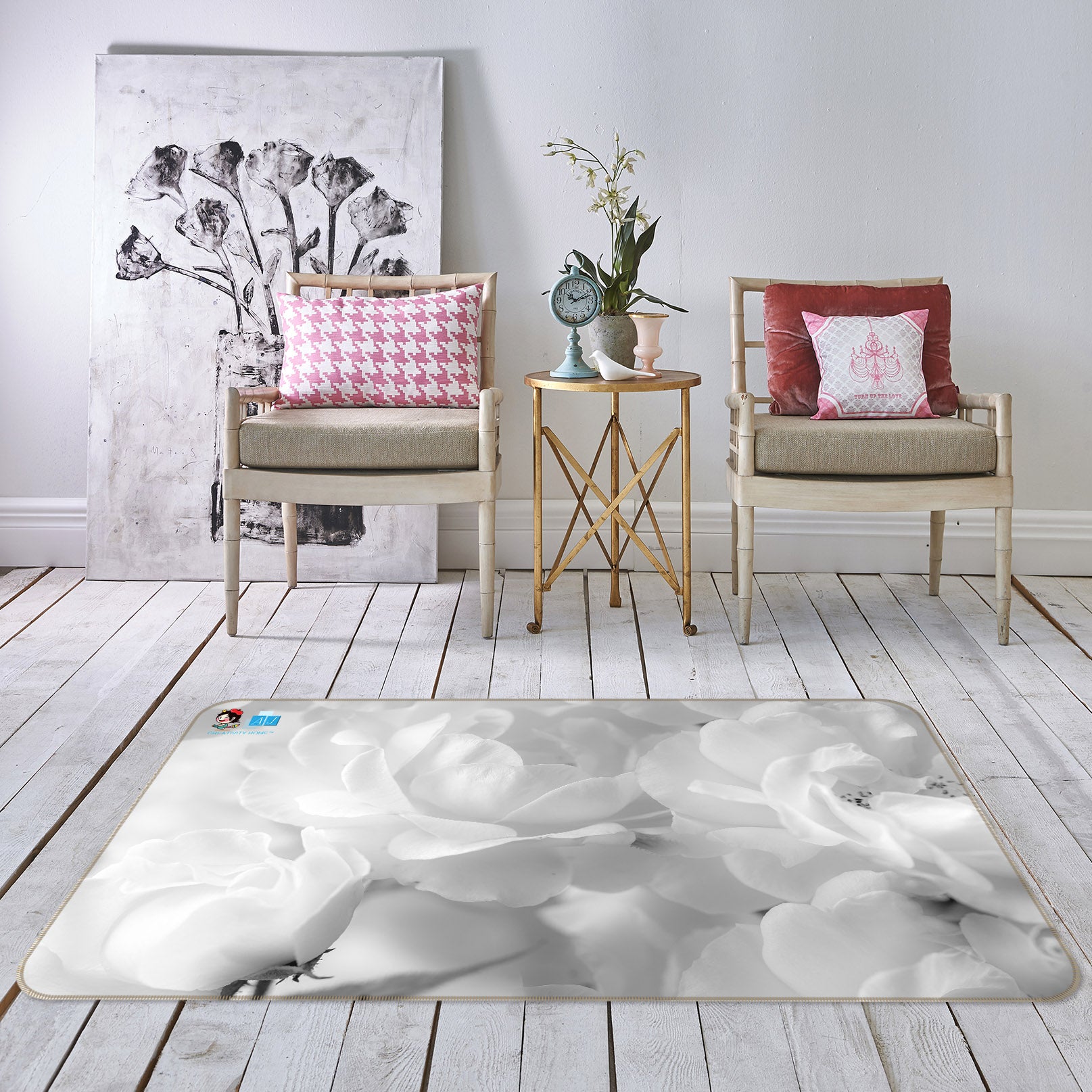 3D Pure White Flower 6743 Assaf Frank Rug Non Slip Rug Mat