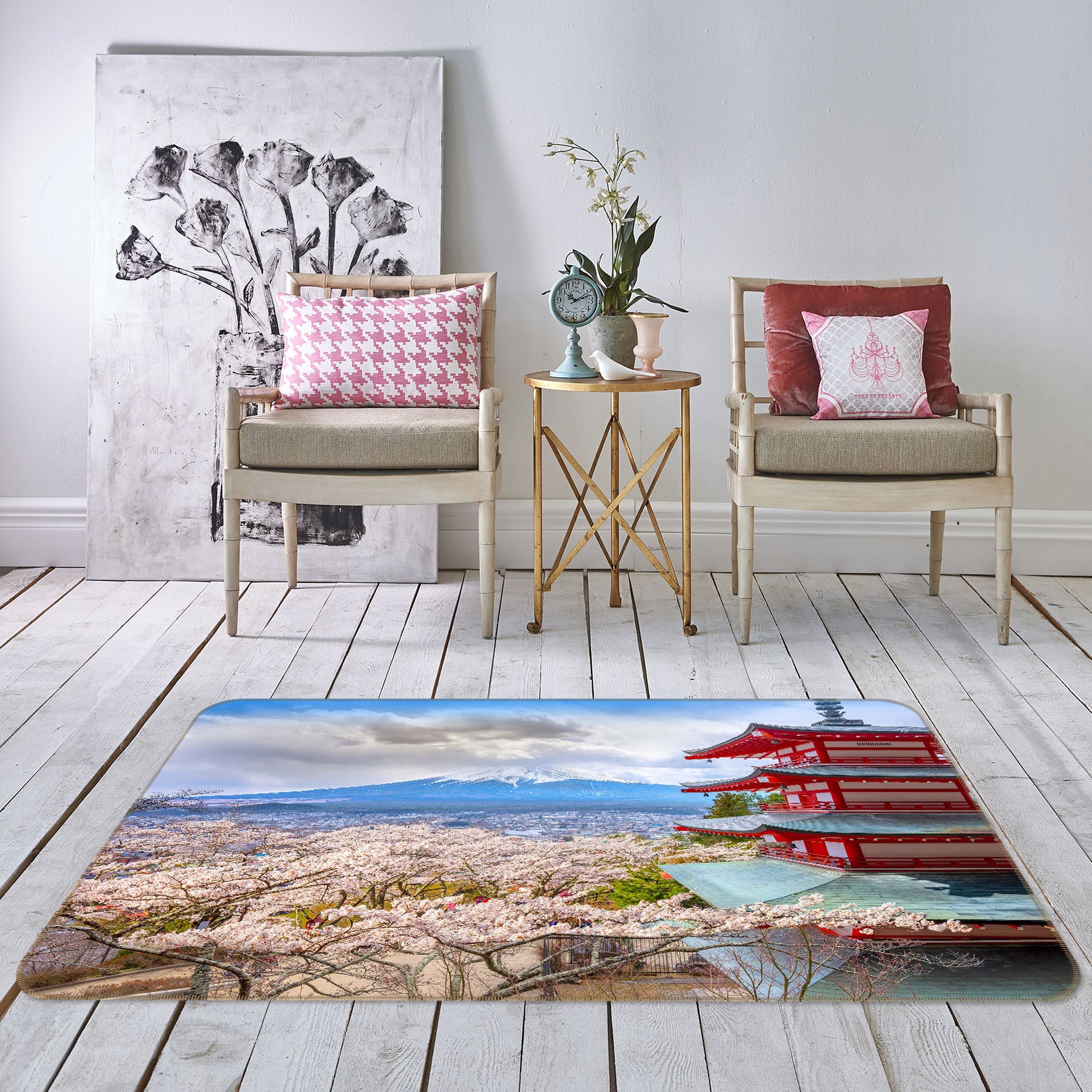 3D Cherry Blossom Temple 1076 Marco Carmassi Rug Non Slip Rug Mat