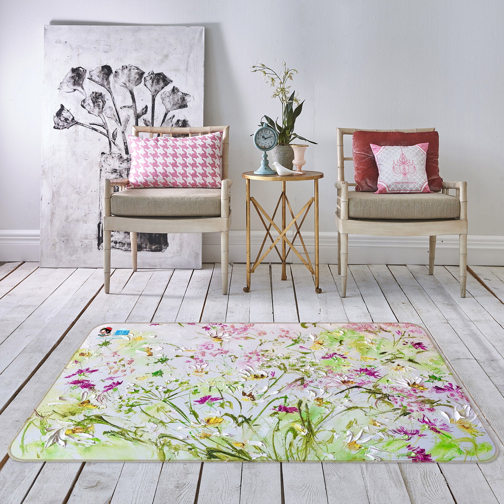 3D Watercolor Pink Flowers 1201 Skromova Marina Rug Non Slip Rug Mat