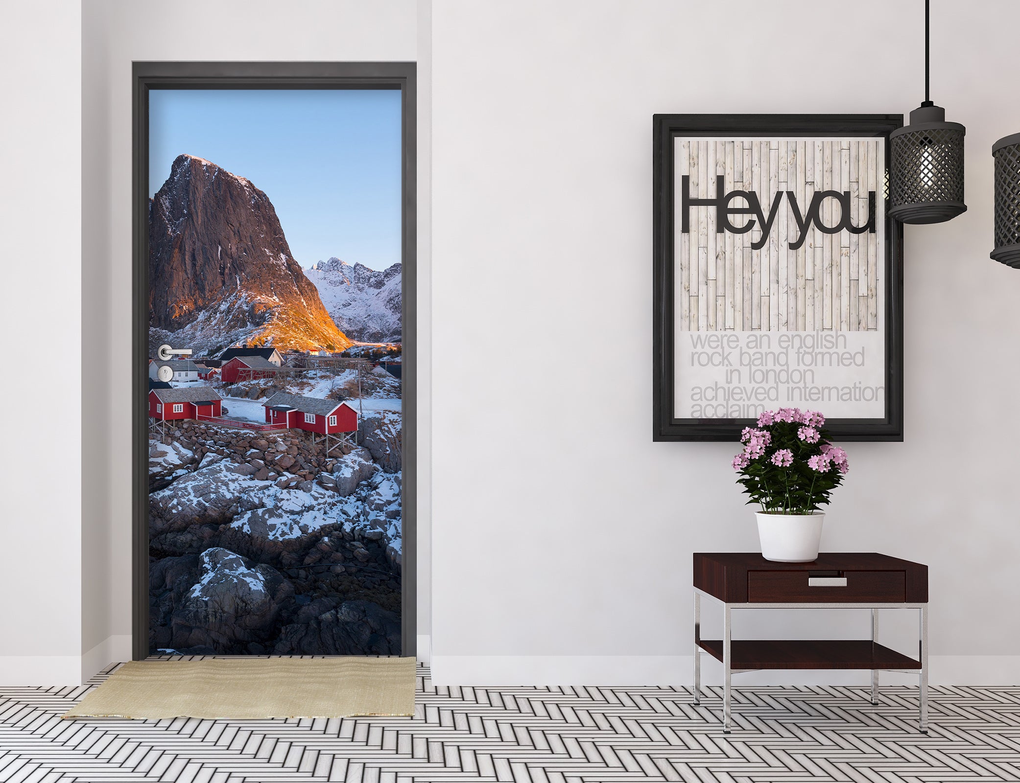 3D Snow Rock Red Cabin 119182 Marco Carmassi Door Mural