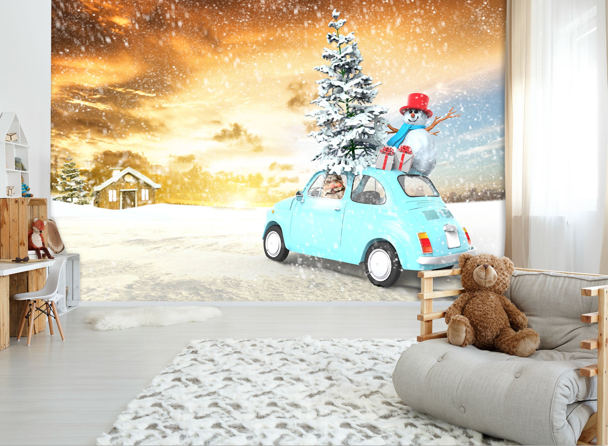 3D Snowman Car Tree 327 Vehicle Wall Murals