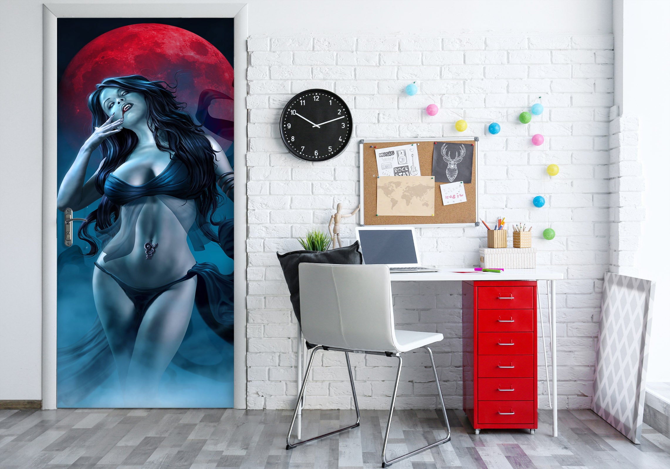 3D Red Moon Woman 630 Tom Wood Door Mural