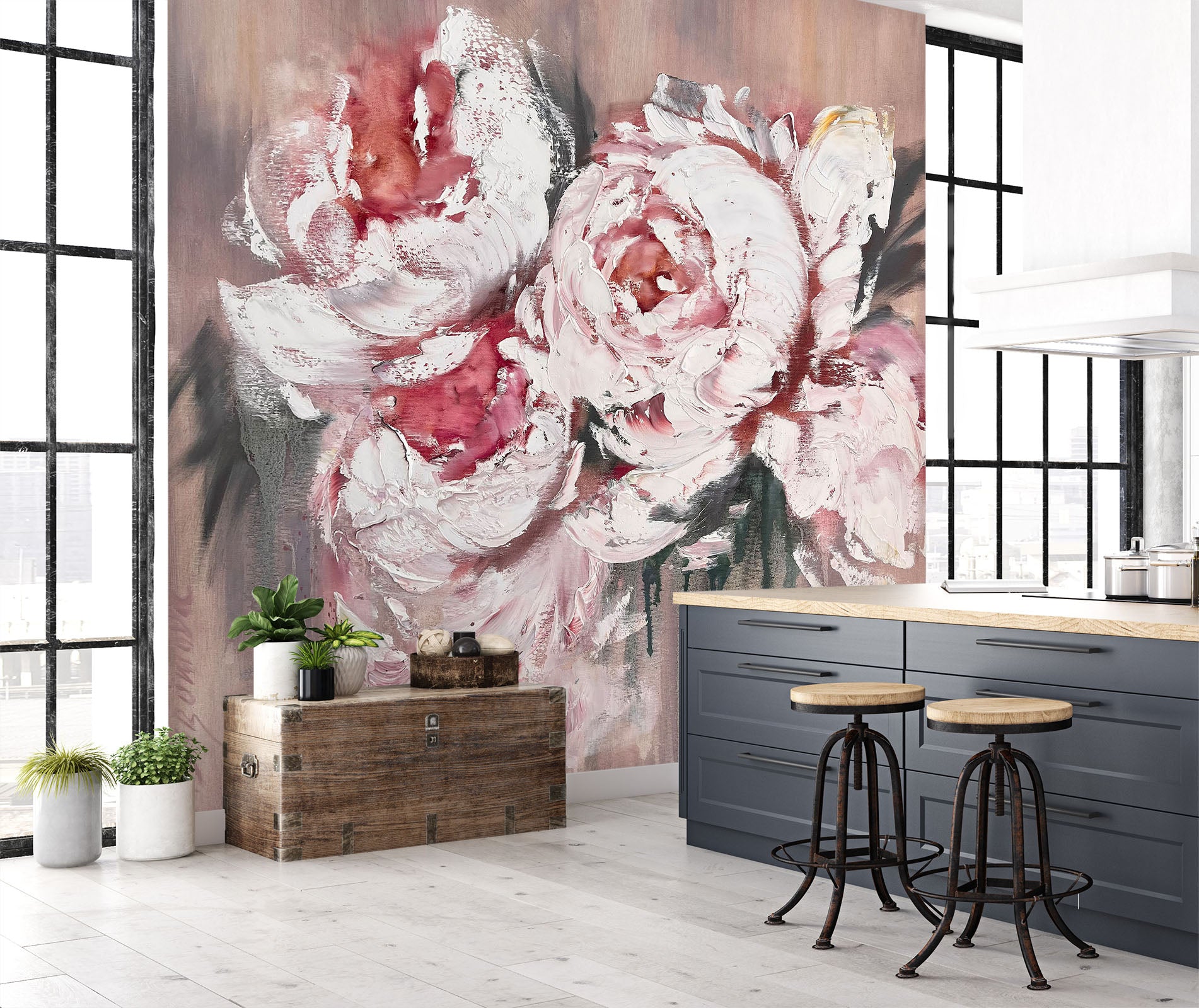 3D Pink Painted Flowers 3105 Skromova Marina Wall Mural Wall Murals