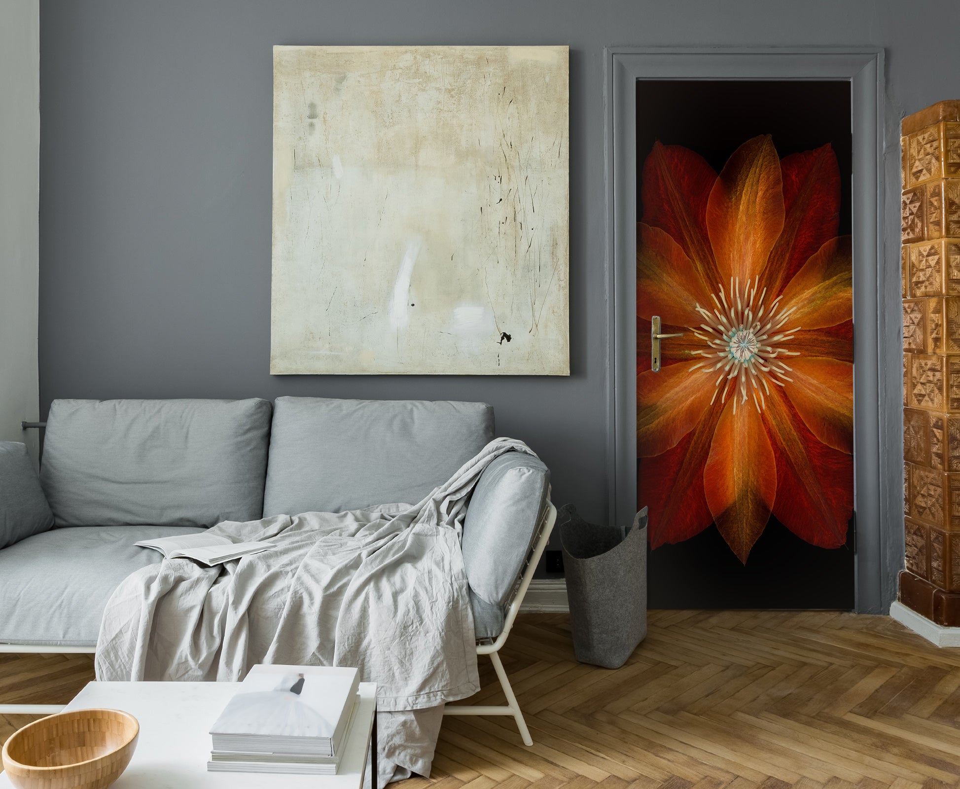 3D Red-Orange Flowers 10633 Assaf Frank Door Mural