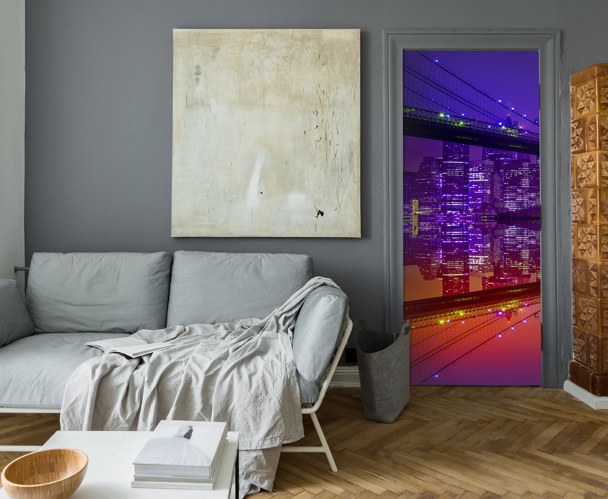 3D Purple Light Building Bridge 11442 Marco Carmassi Door Mural