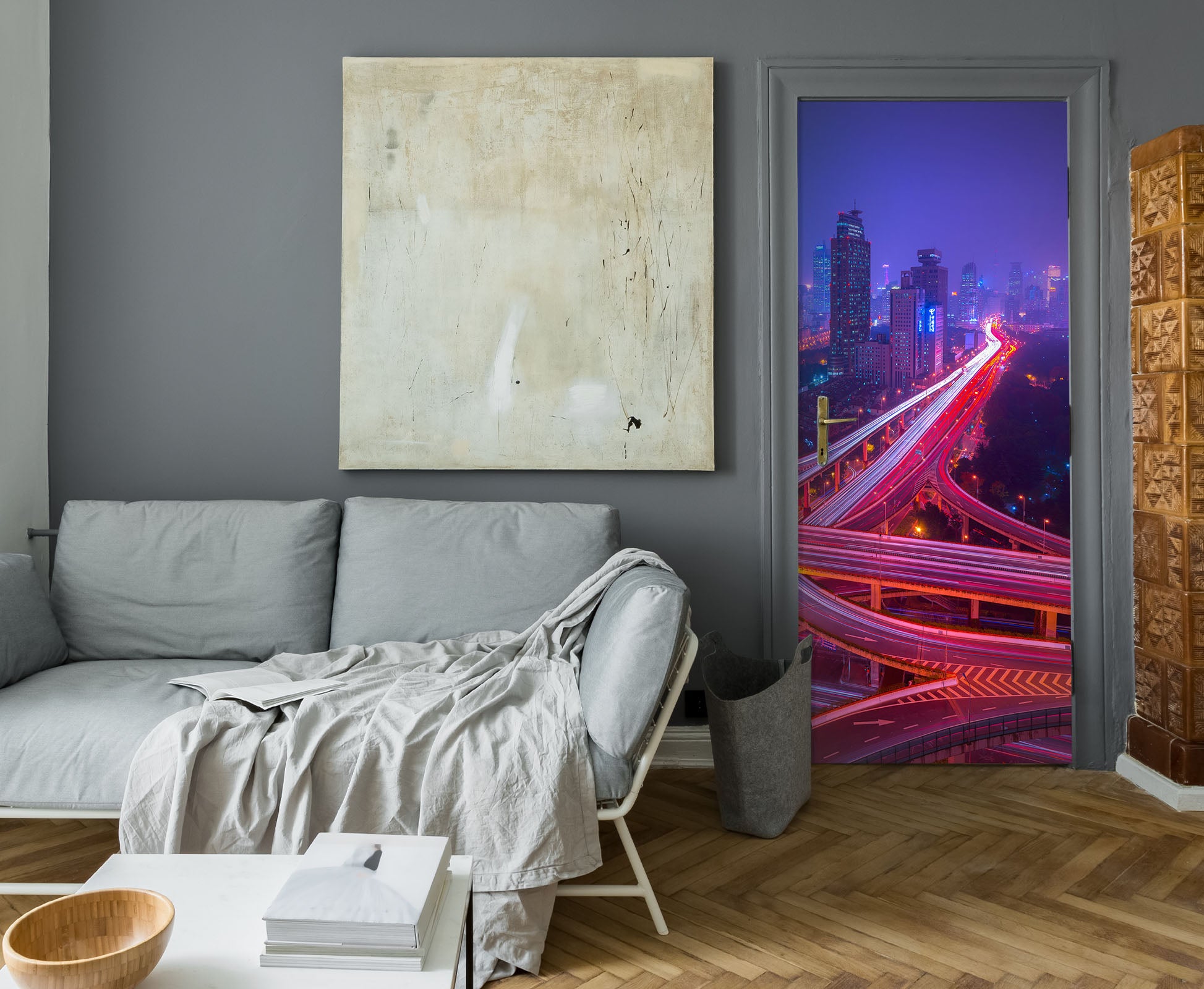 3D Night Red Light Overpass 119155 Marco Carmassi Door Mural