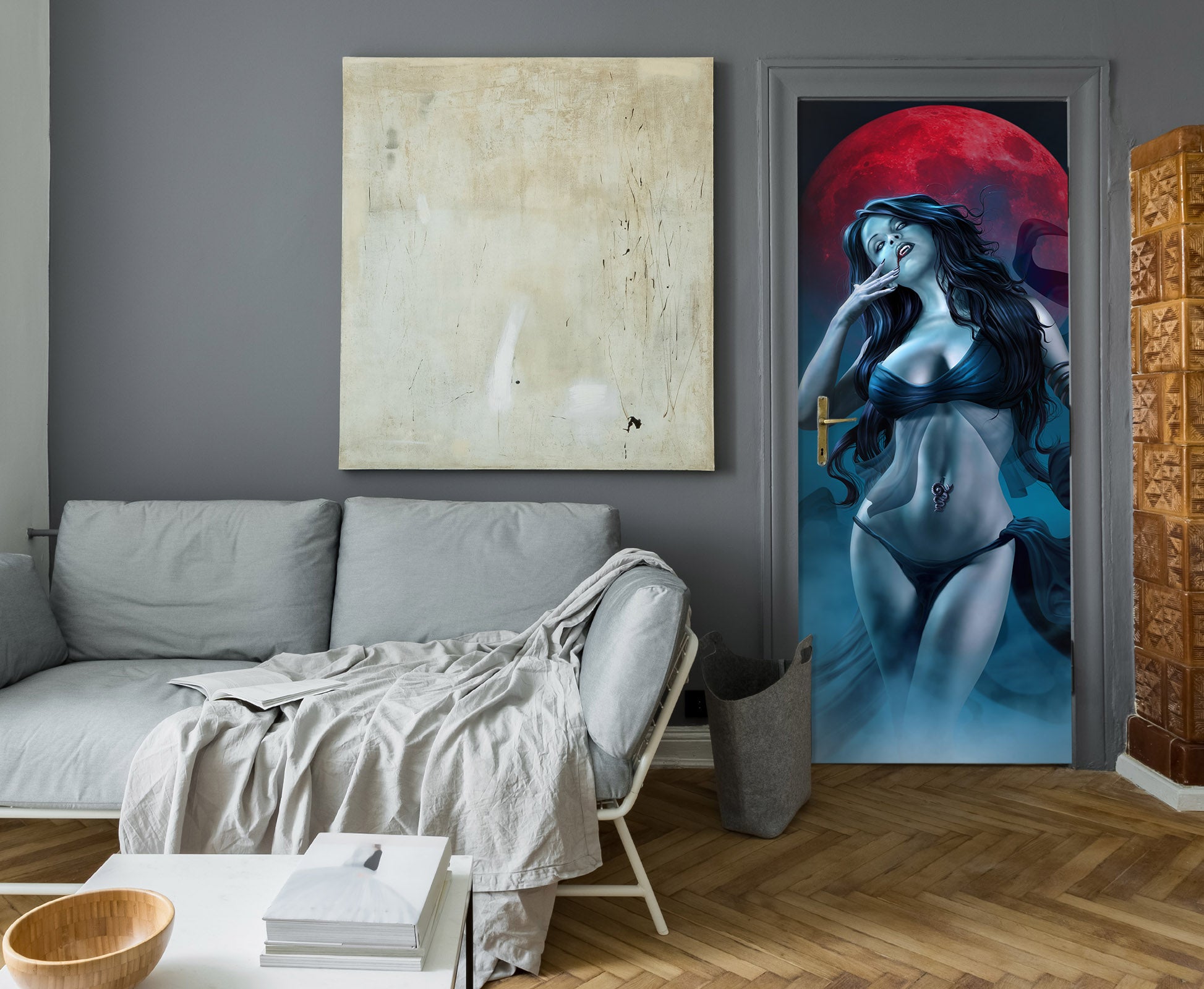 3D Red Moon Woman 630 Tom Wood Door Mural