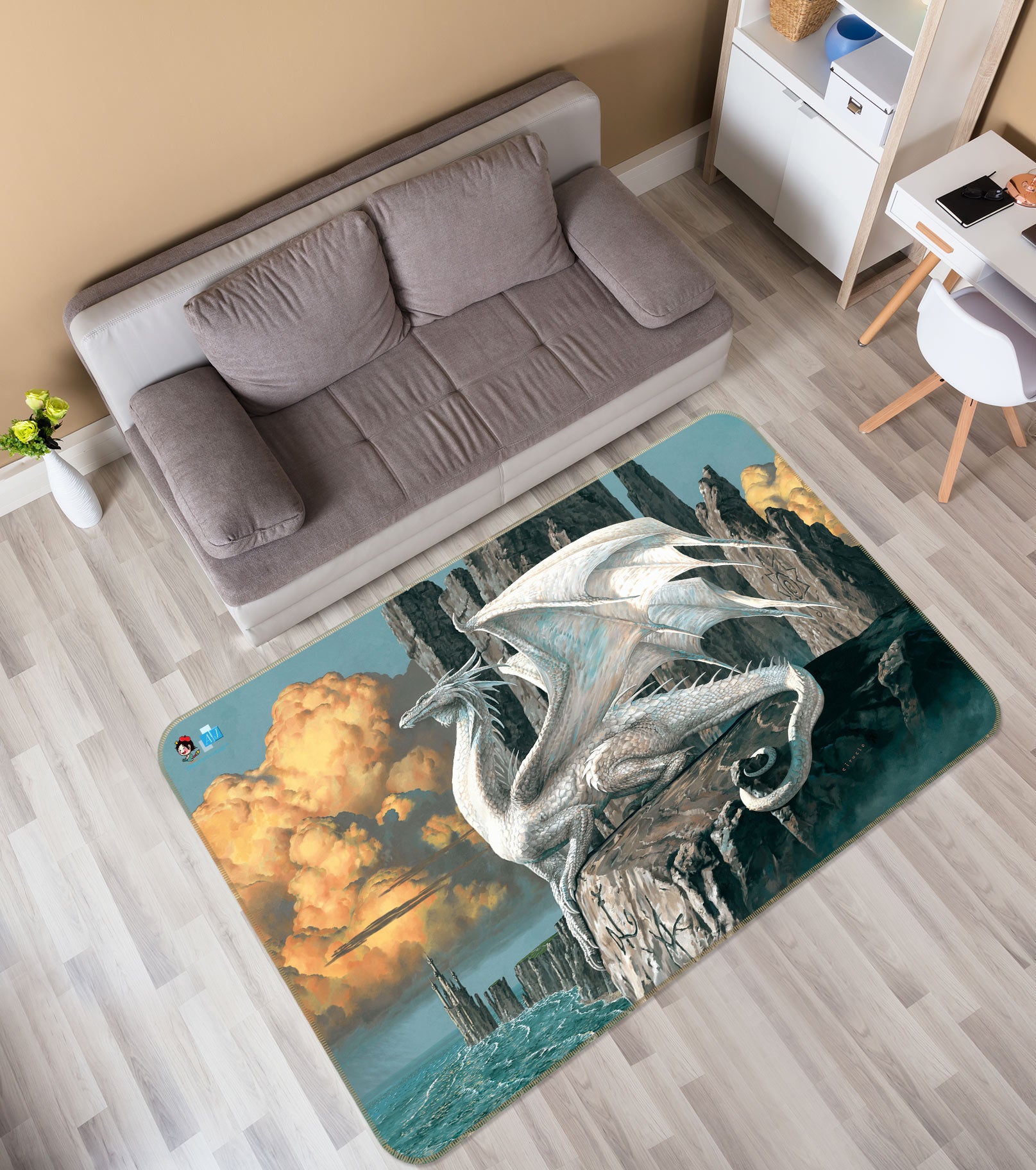 3D White Dragon 5151 Ciruelo Rug Non Slip Rug Mat