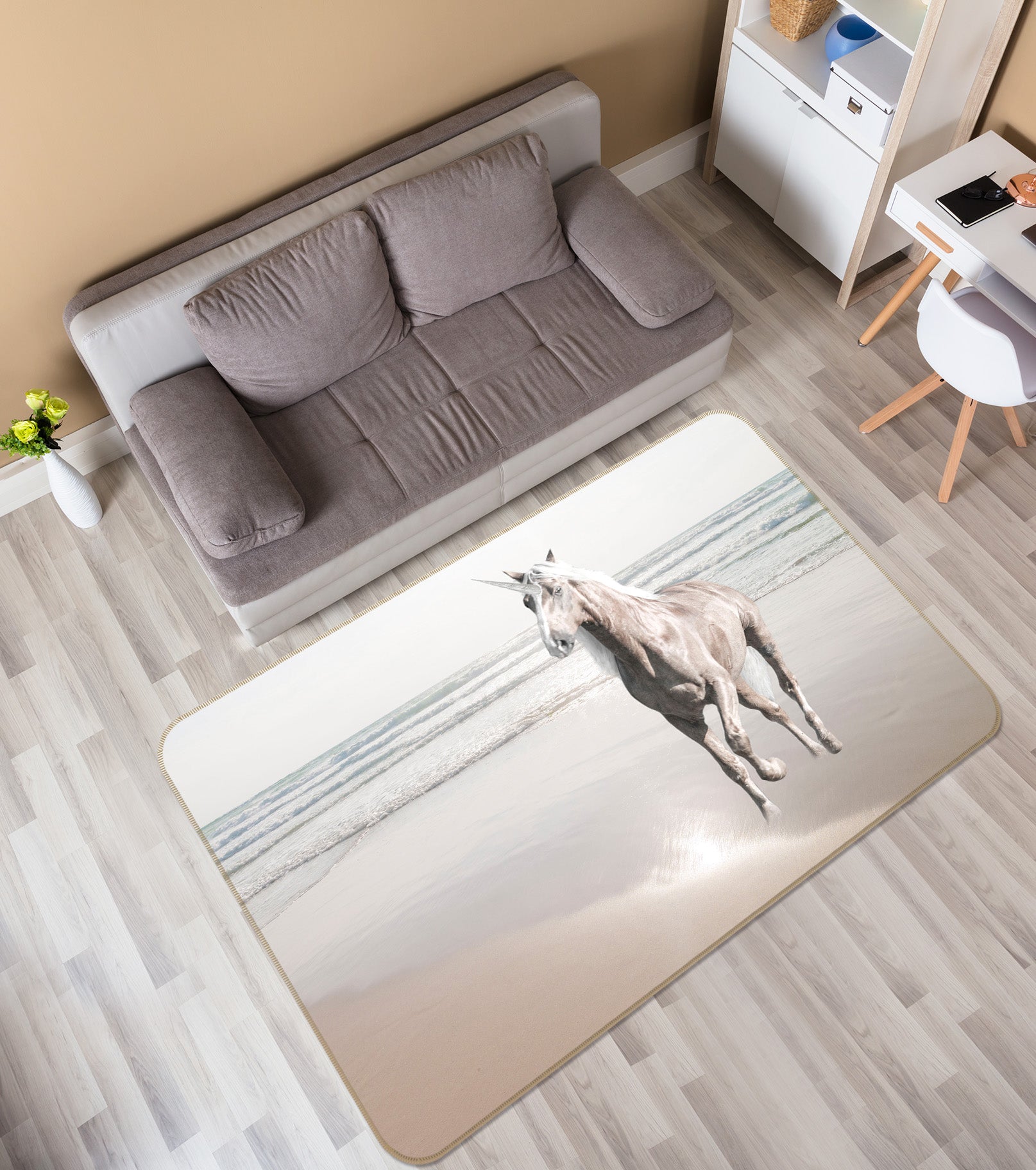 3D Beach White Horse 101 Assaf Frank Rug Non Slip Rug Mat