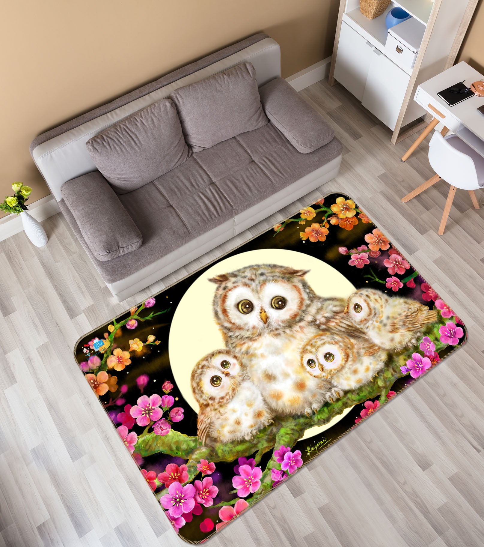 3D Cute Owl Moon 5729 Kayomi Harai Rug Non Slip Rug Mat