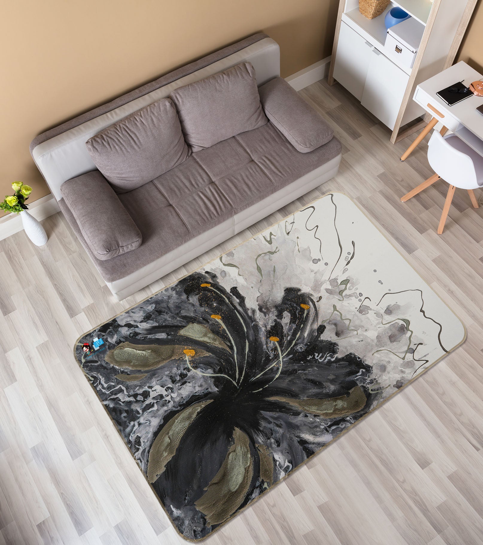 3D Black Ink Flower 1209 Skromova Marina Rug Non Slip Rug Mat