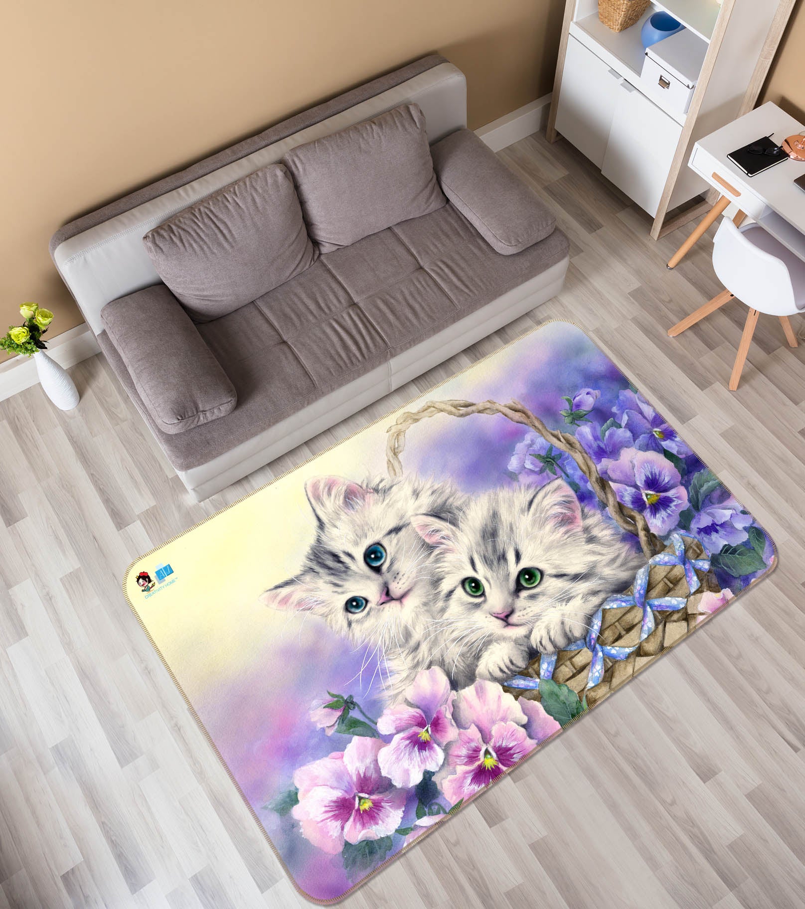 3D Flower Basket Cat 5752 Kayomi Harai Rug Non Slip Rug Mat