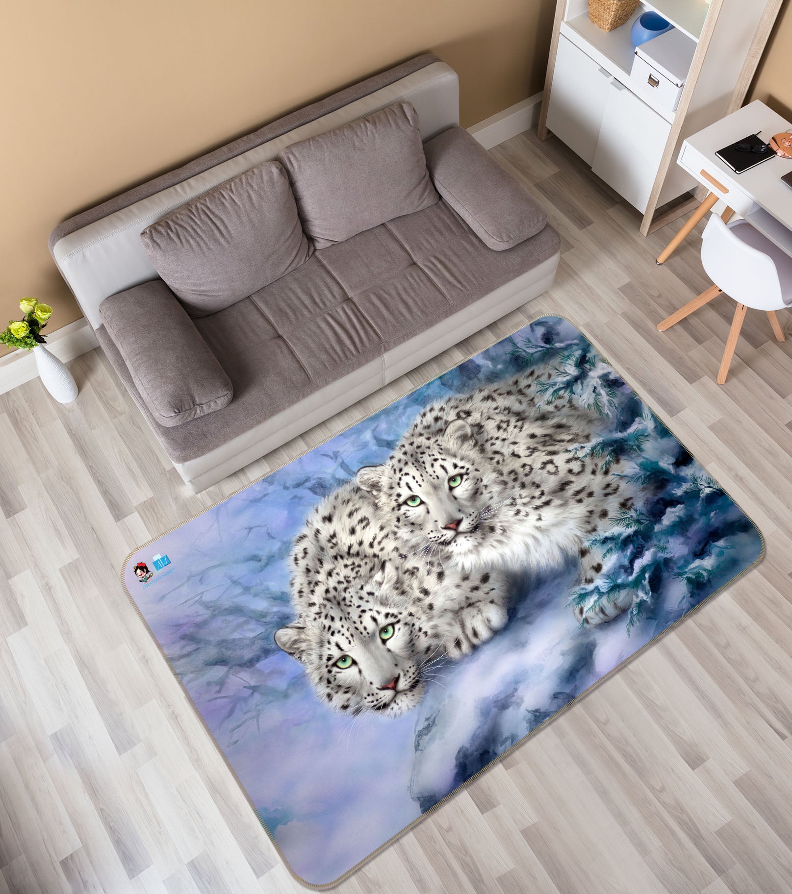 3D Snow Leopard 5660 Kayomi Harai Rug Non Slip Rug Mat