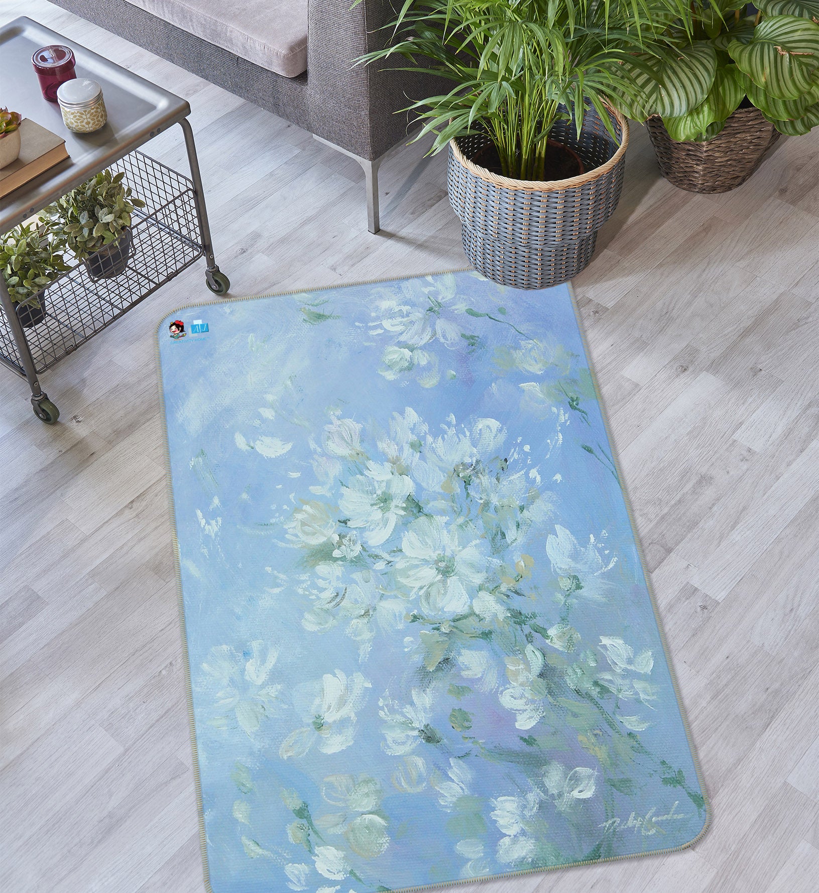 3D Flower White Petals 0191 Debi Coules Rug Non Slip Rug Mat