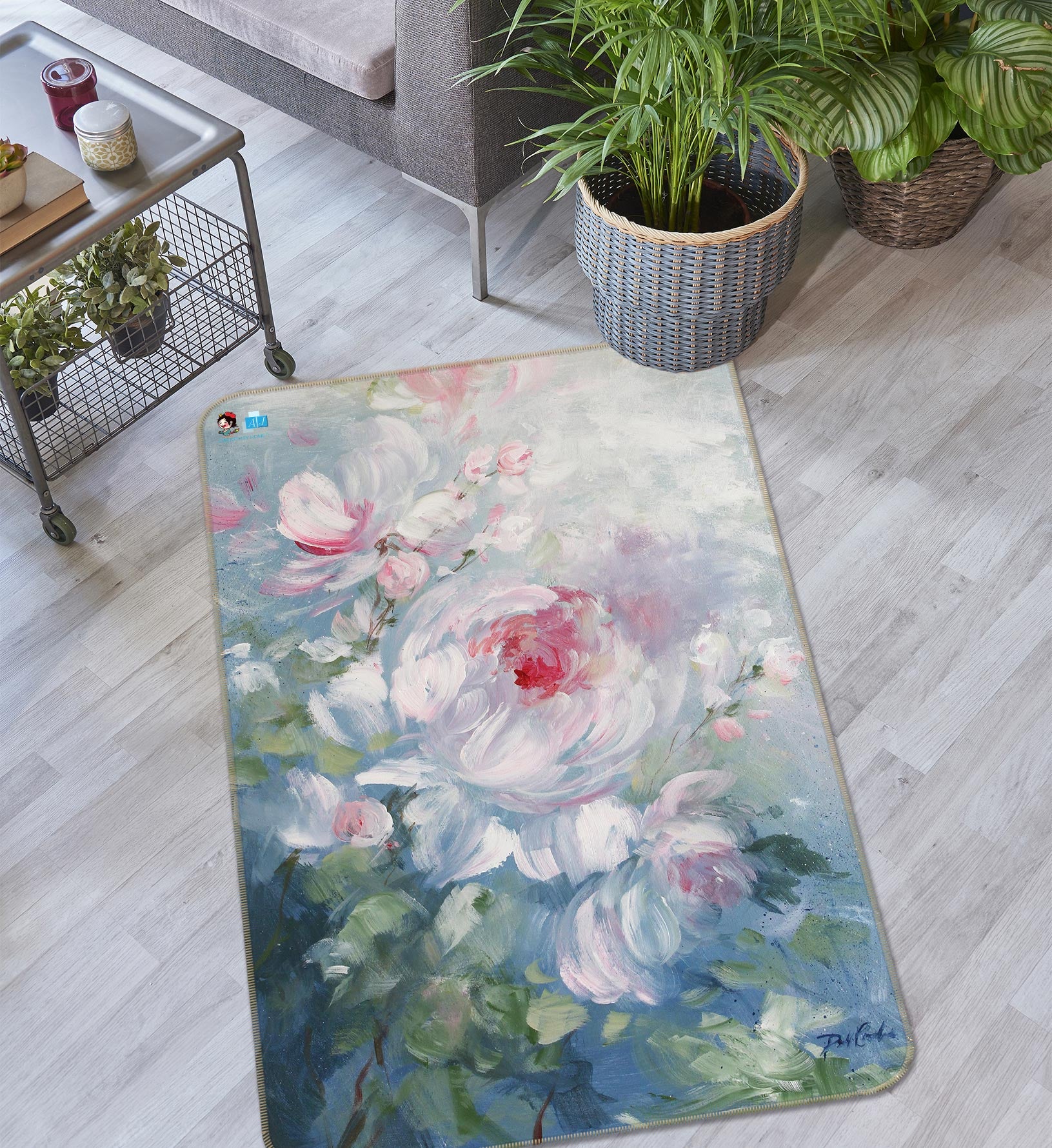 3D Flower Bush White 1036 Debi Coules Rug Non Slip Rug Mat