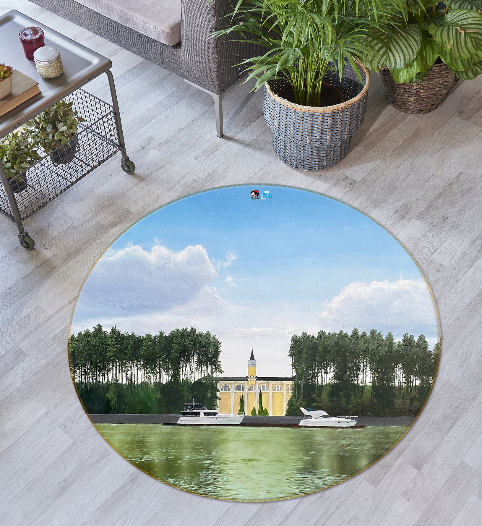 3D Lake Tree Building 9730 Marina Zotova Rug Round Non Slip Rug Mat