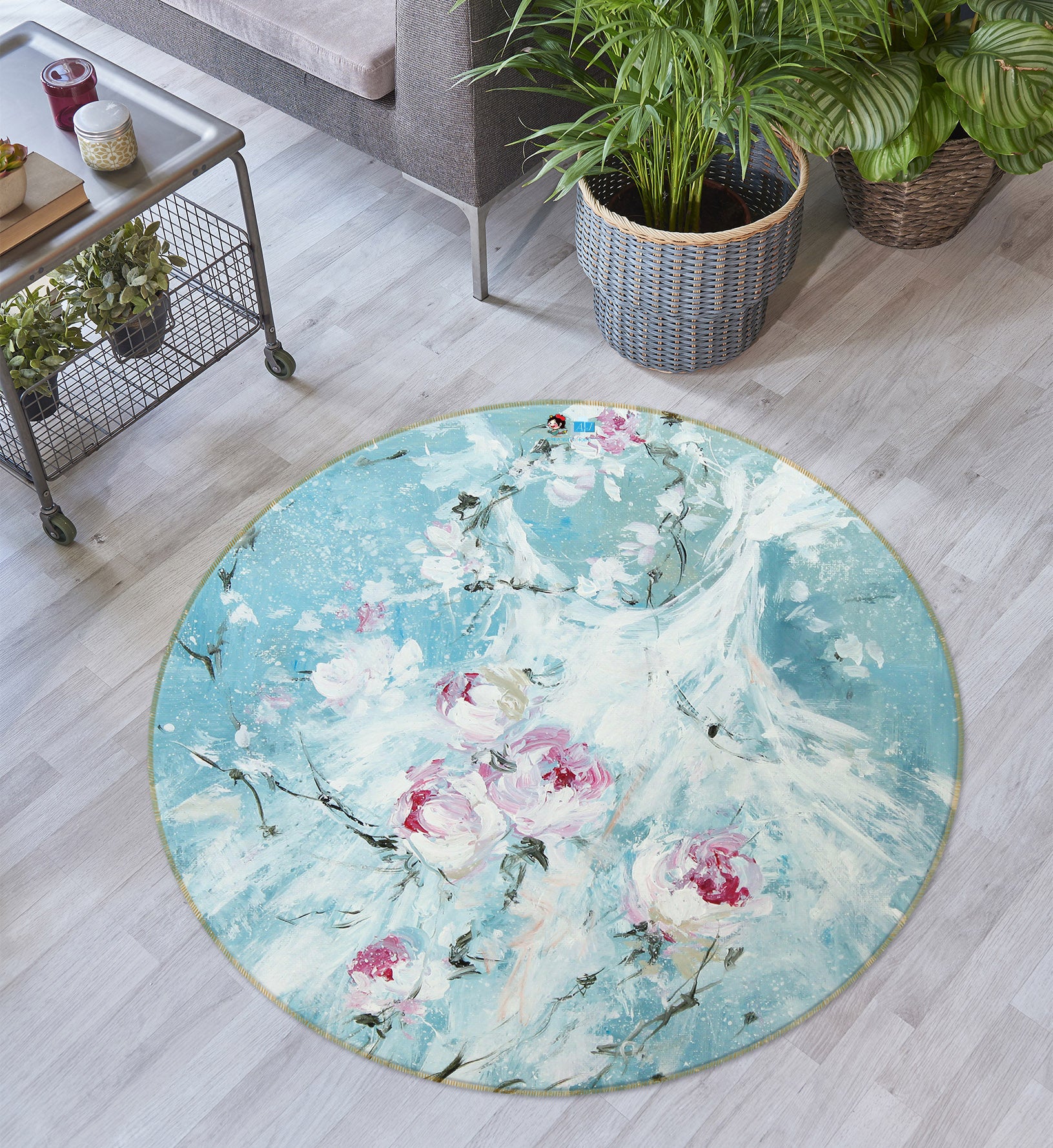 3D Flower White Dress 1106 Debi Coules Rug Round Non Slip Rug Mat