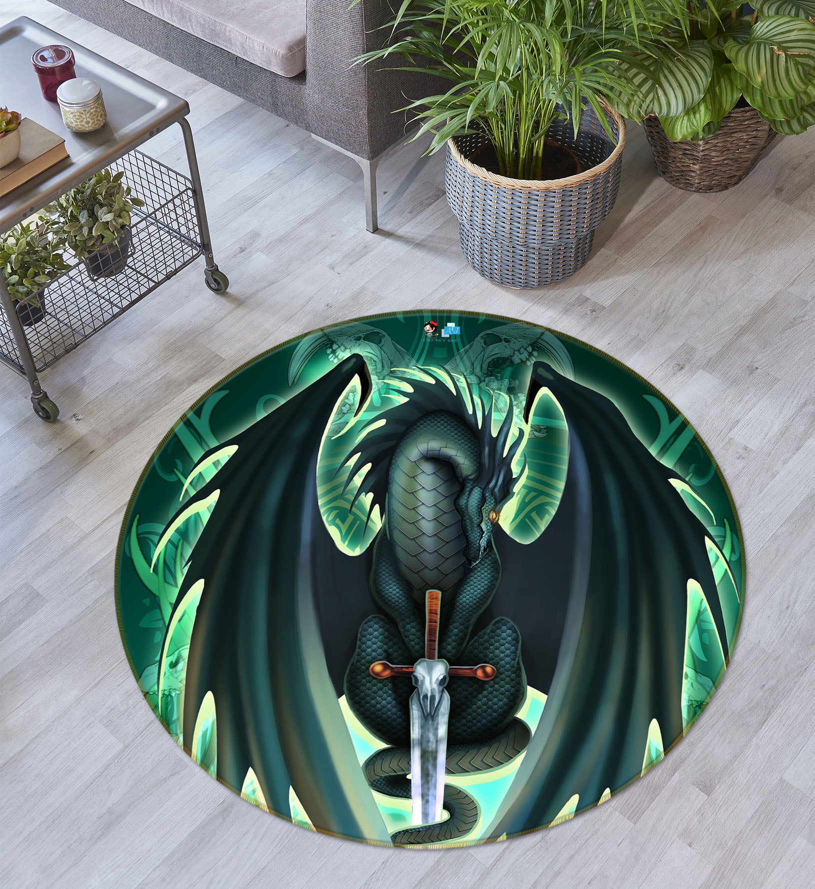 3D Green Dragon 8376 Ruth Thompson Rug Round Non Slip Rug Mat