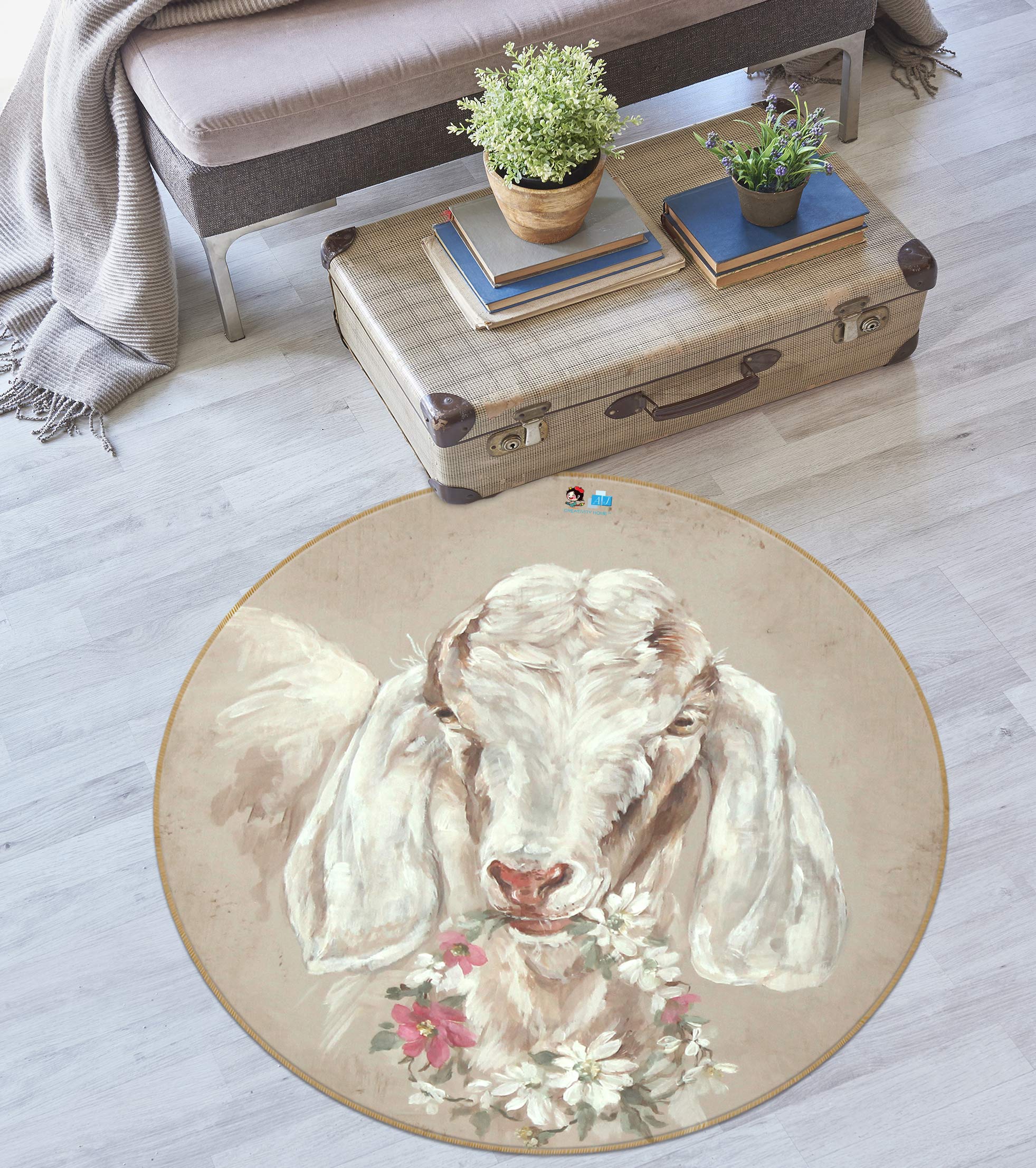 3D Wreath Sheep 1162 Debi Coules Rug Round Non Slip Rug Mat