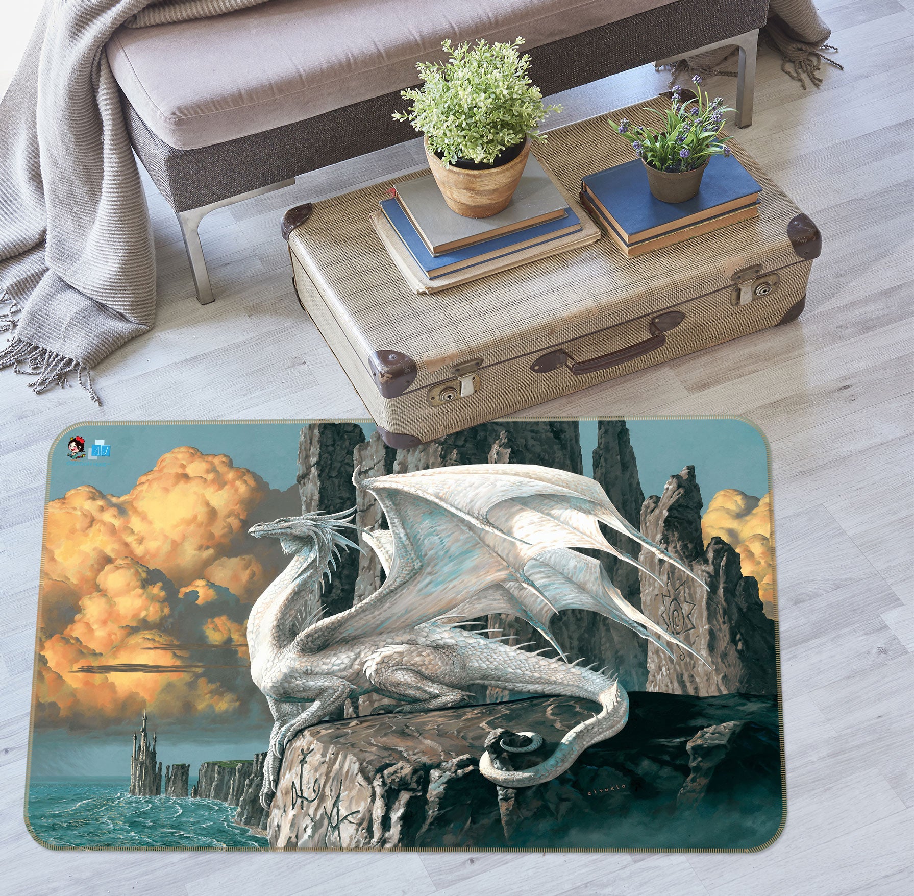 3D White Dragon 5151 Ciruelo Rug Non Slip Rug Mat