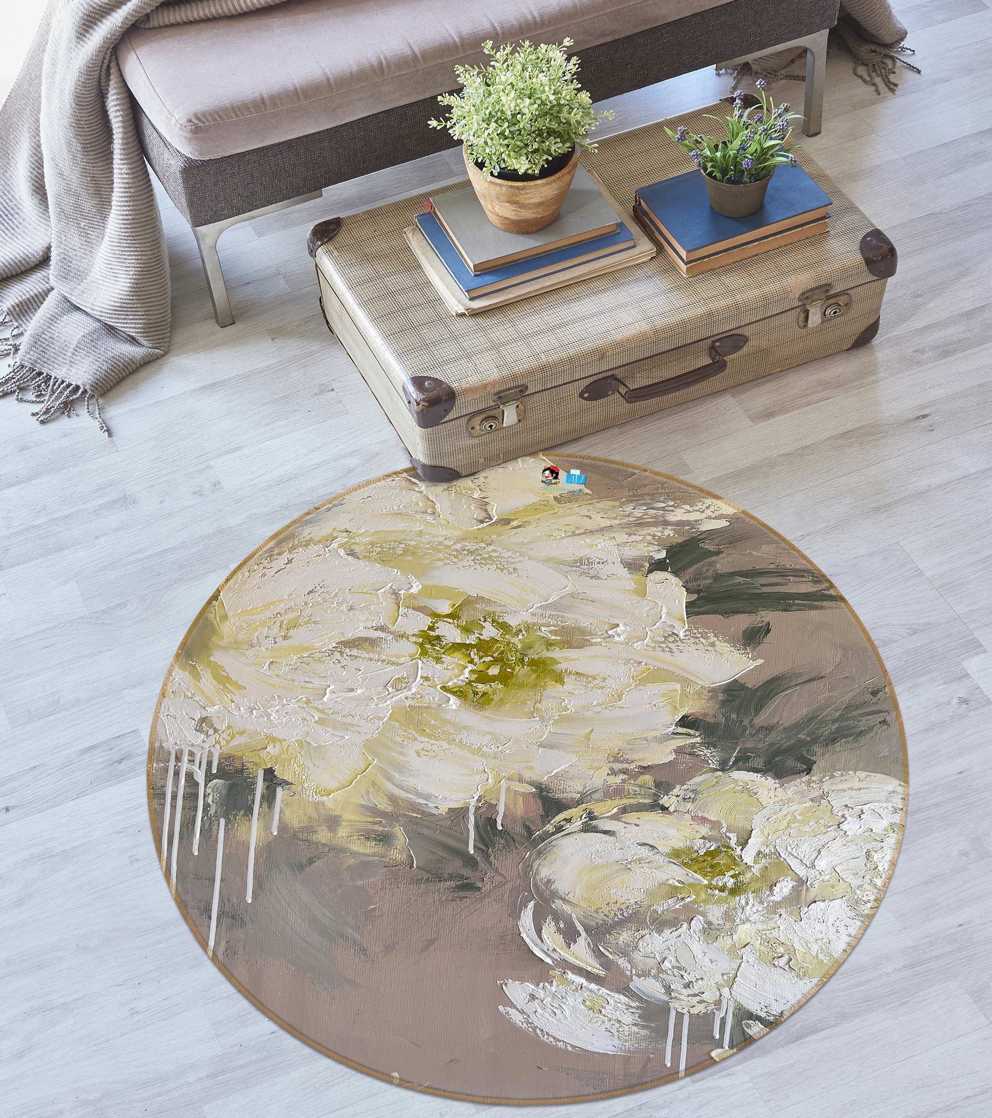 3D White Flower 760 Skromova Marina Rug Round Non Slip Rug Mat