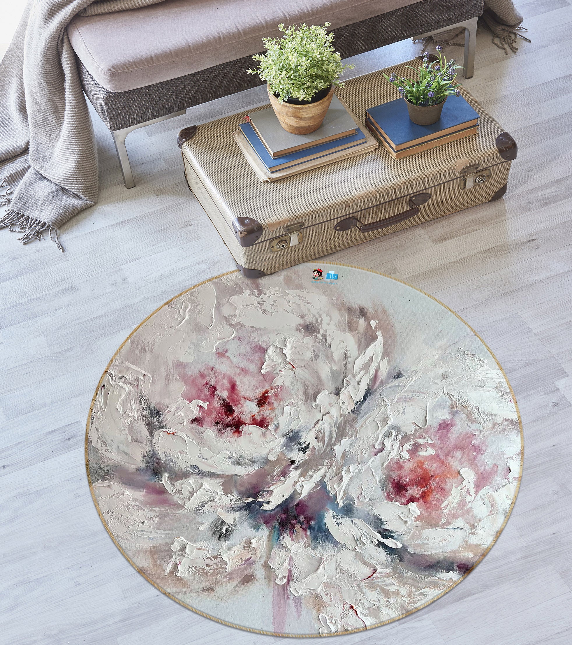 3D White Art Flower 848 Skromova Marina Rug Round Non Slip Rug Mat