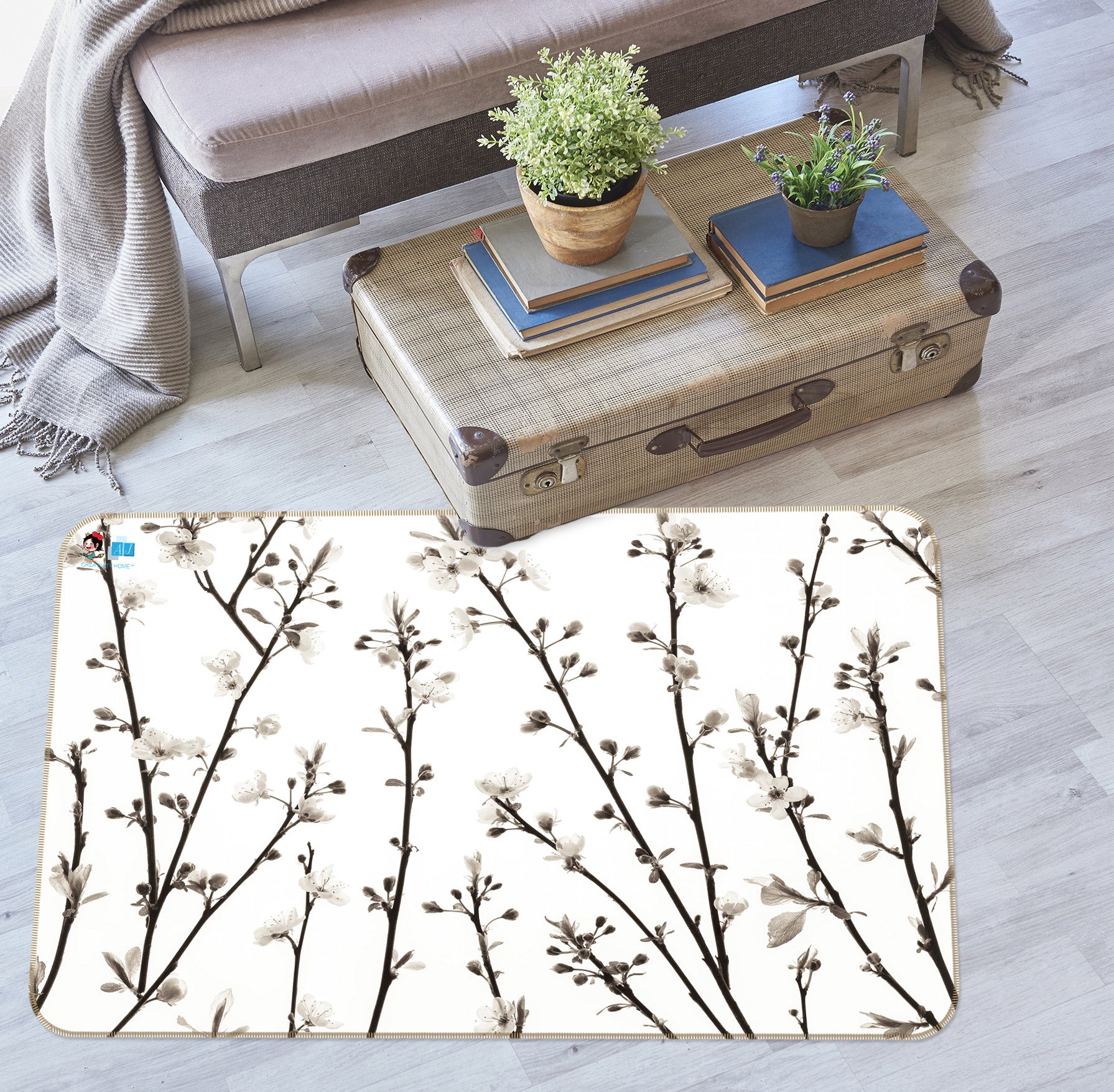 3D White Flower Branch 6803 Assaf Frank Rug Non Slip Rug Mat