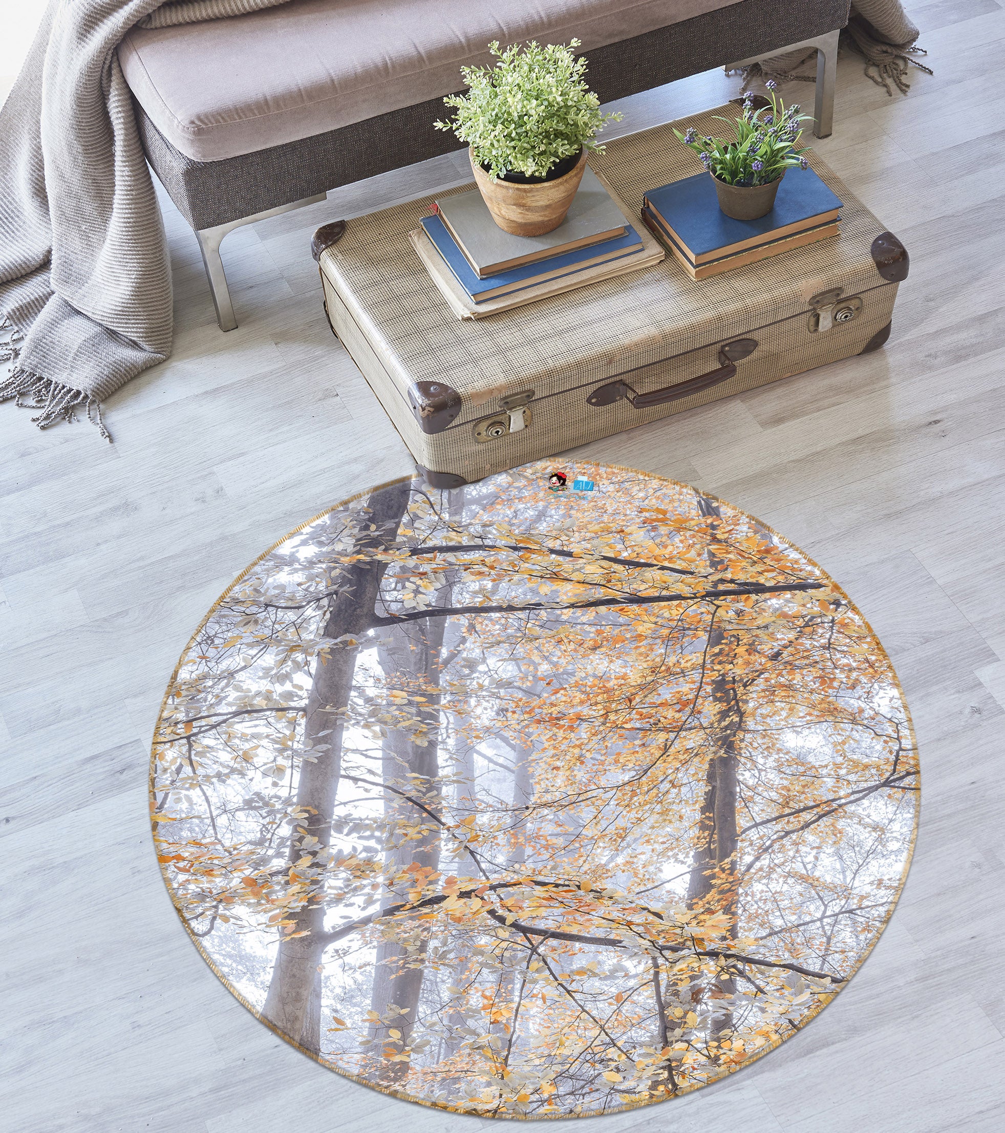 3D Yellow Leaves 7353 Assaf Frank Rug Round Non Slip Rug Mat