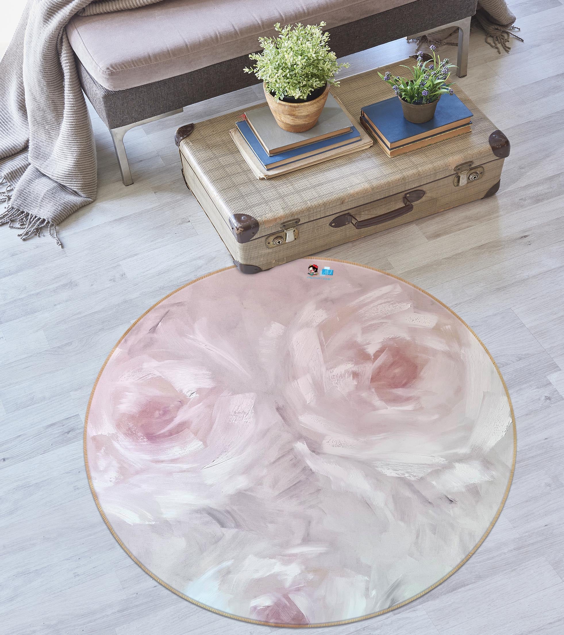 3D Light Pink Flowers 3908 Skromova Marina Rug Round Non Slip Rug Mat