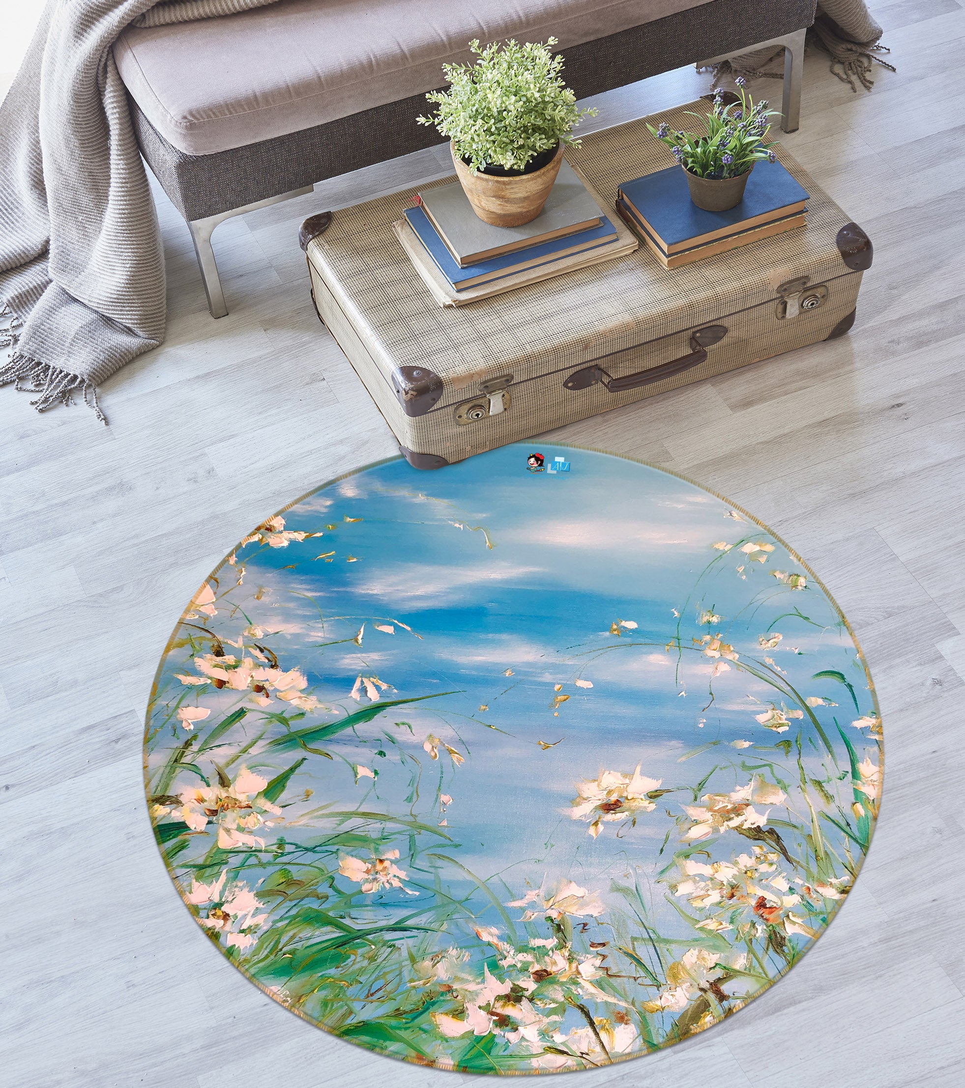 3D White Flower Grass 888 Skromova Marina Rug Round Non Slip Rug Mat