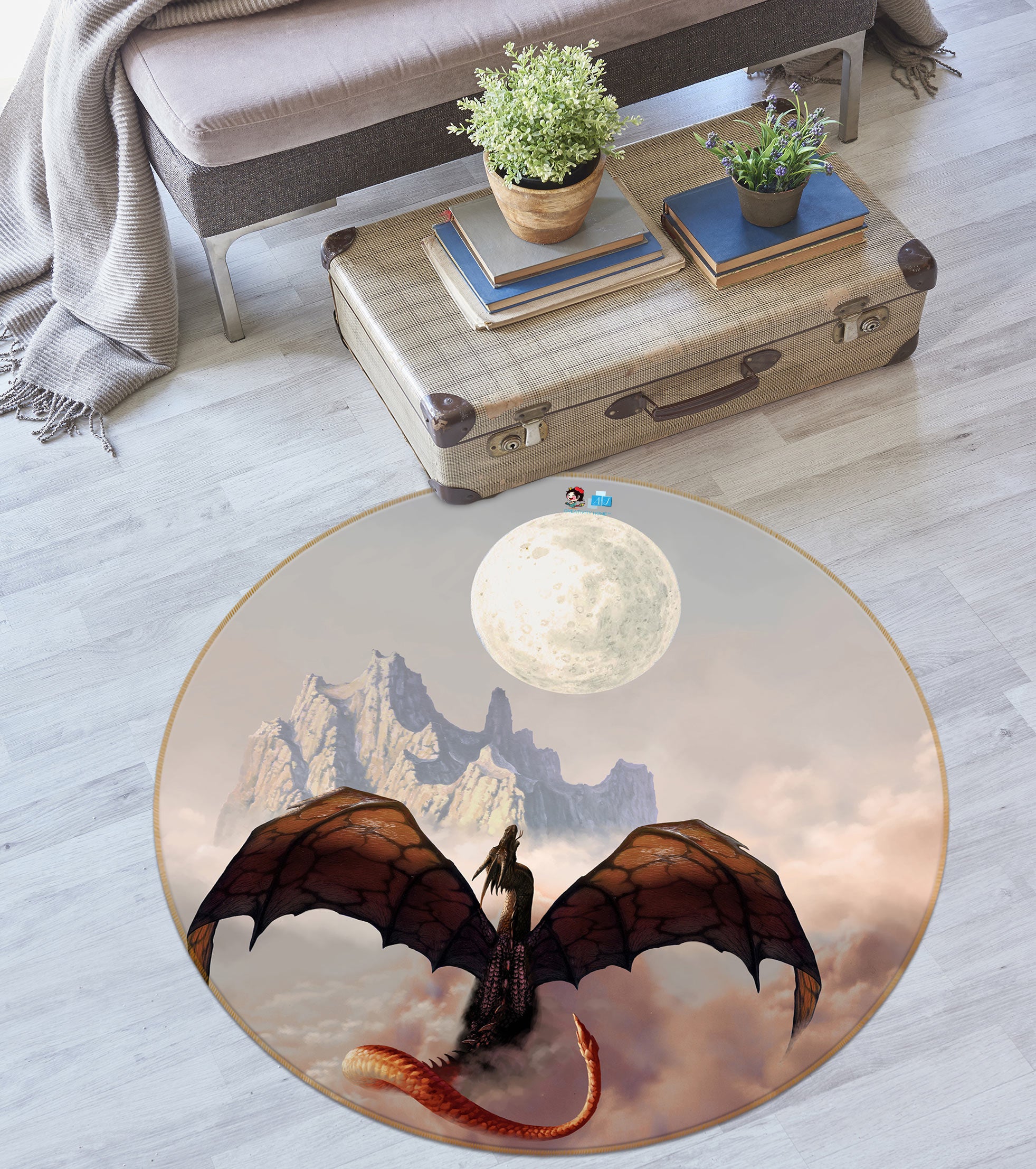 3D Mountain Moon Dragon 6110 Ciruelo Rug Round Non Slip Rug Mat