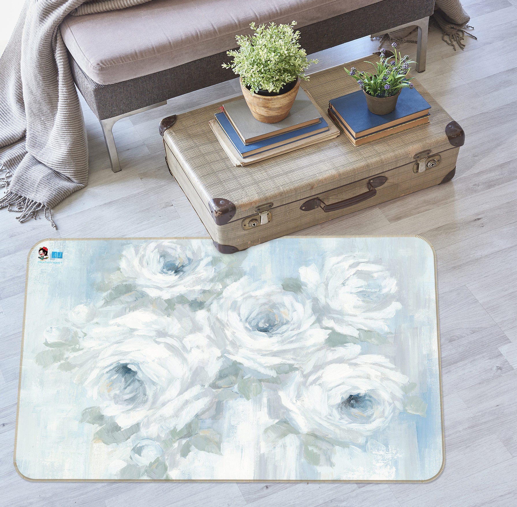 3D Flowers White 1031 Debi Coules Rug Non Slip Rug Mat