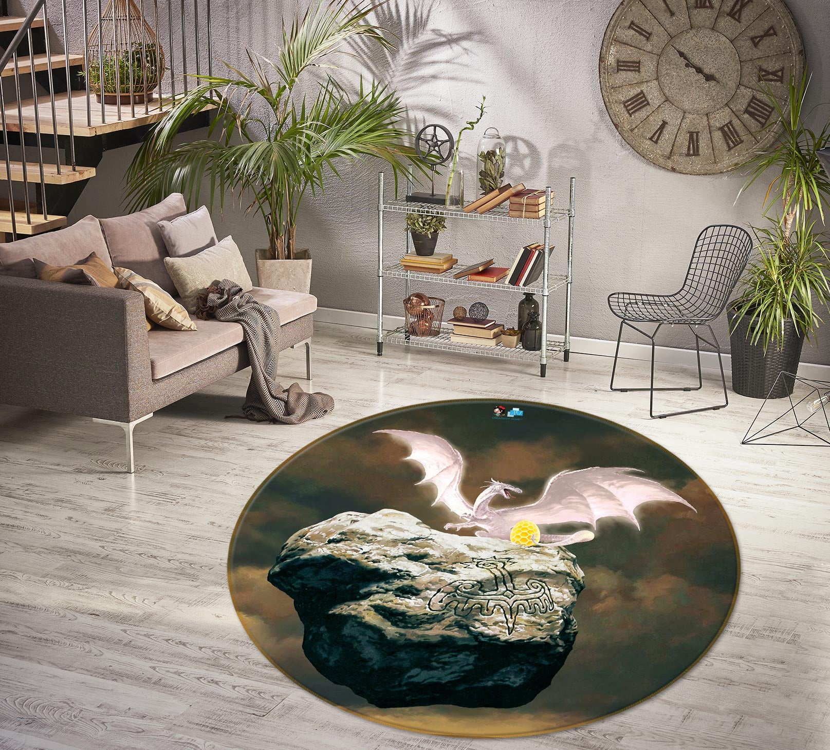 3D White Dragon Golden Egg Stone 6096 Ciruelo Rug Round Non Slip Rug Mat